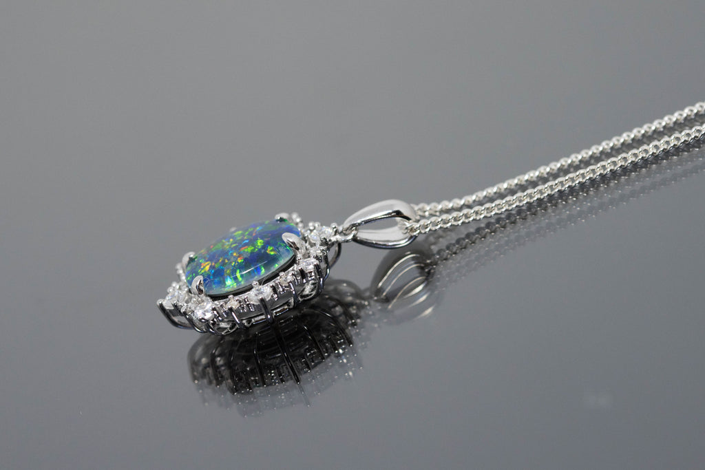 Australian Triplet Opal in Halo Cluster Design - Green Blue Fire Opal - Genuine Australian Triplet Opal Necklace Pendant in Sterling Silver White Gold Plated