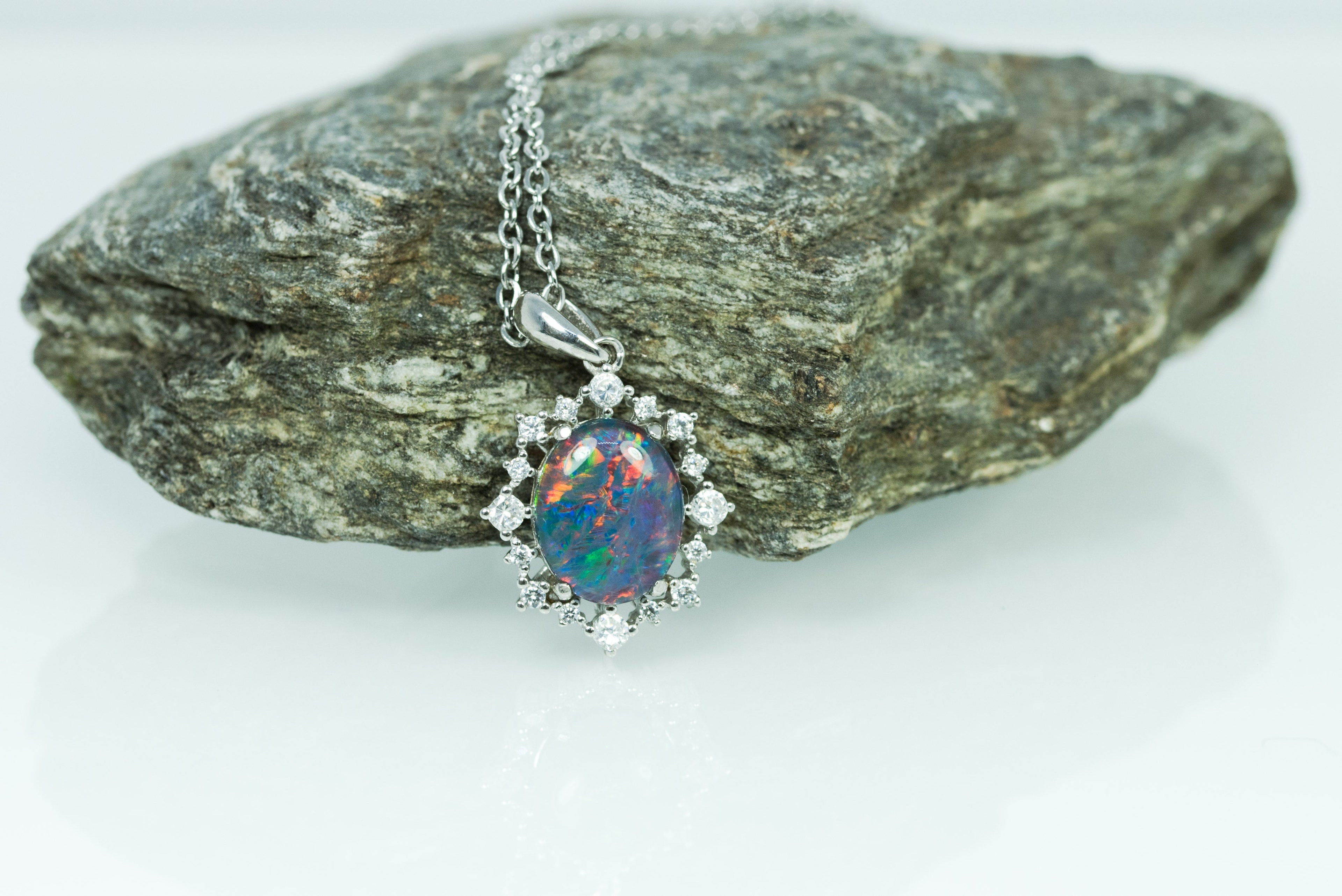 Halo Cluster Multi Color Fire Opal Necklace - Genuine Australian Triplet Opal Necklace Pendant in Sterling Silver White Gold Plated for Women