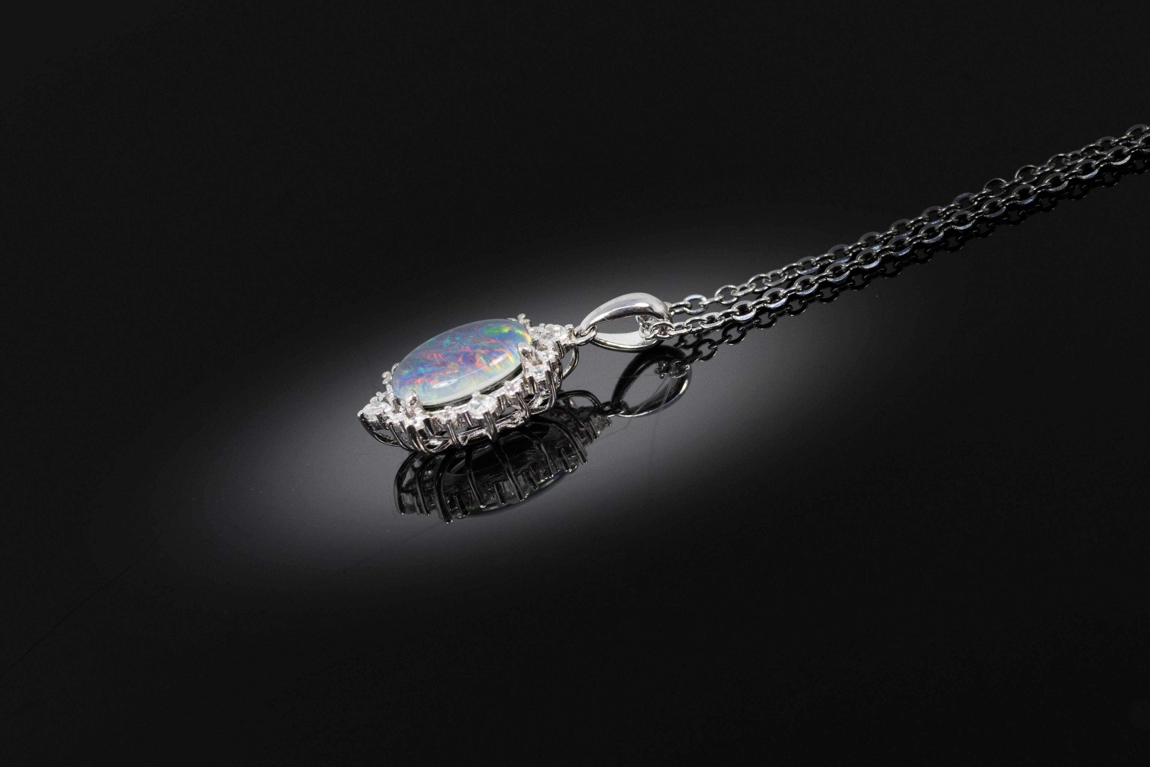 Halo Cluster Multi Color Fire Opal Necklace - Genuine Australian Triplet Opal Necklace Pendant in Sterling Silver White Gold Plated for Women