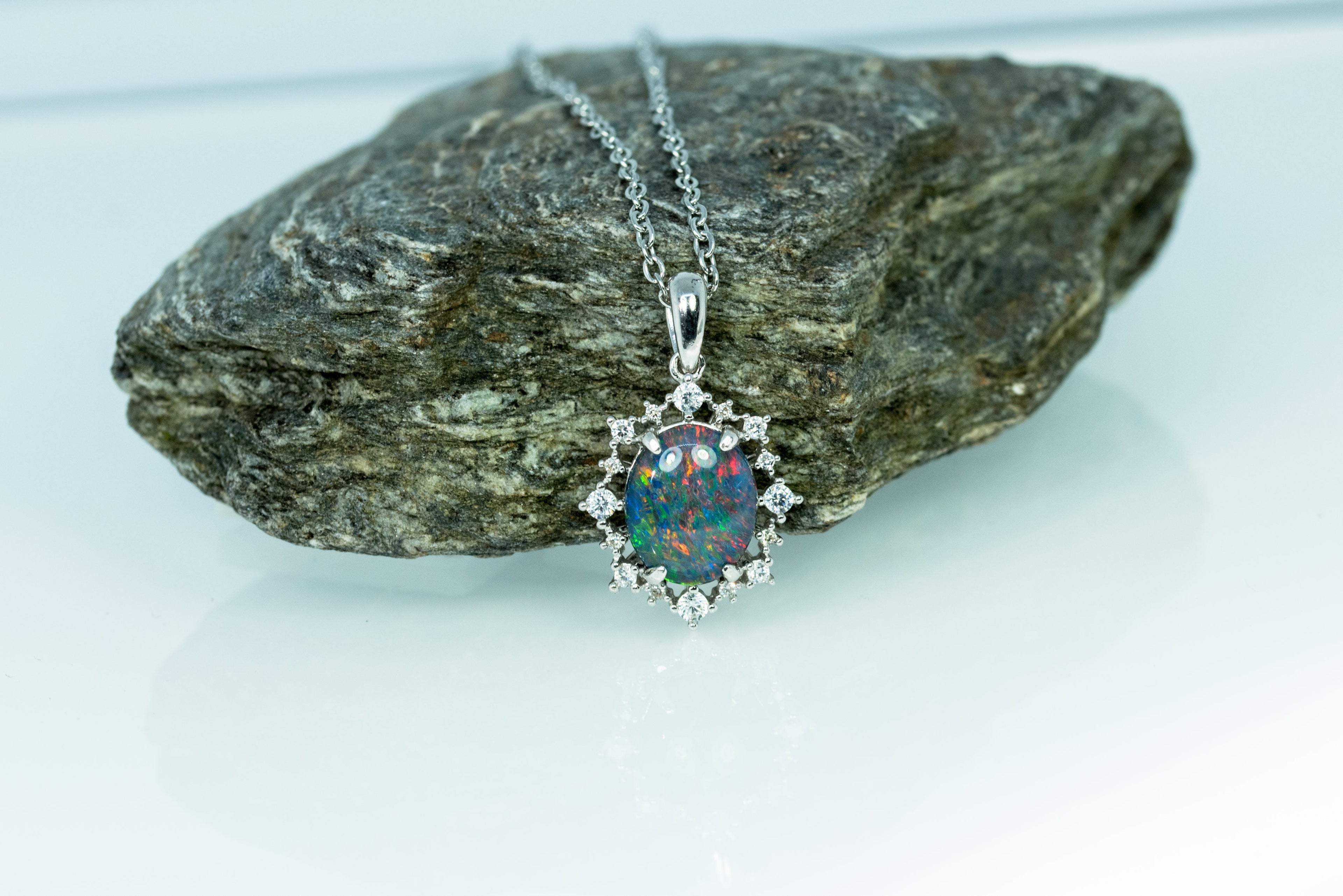 Halo Cluster Multi Color Fire Opal Necklace - Genuine Australian Triplet Opal Necklace Pendant in Sterling Silver White Gold Plated for Women