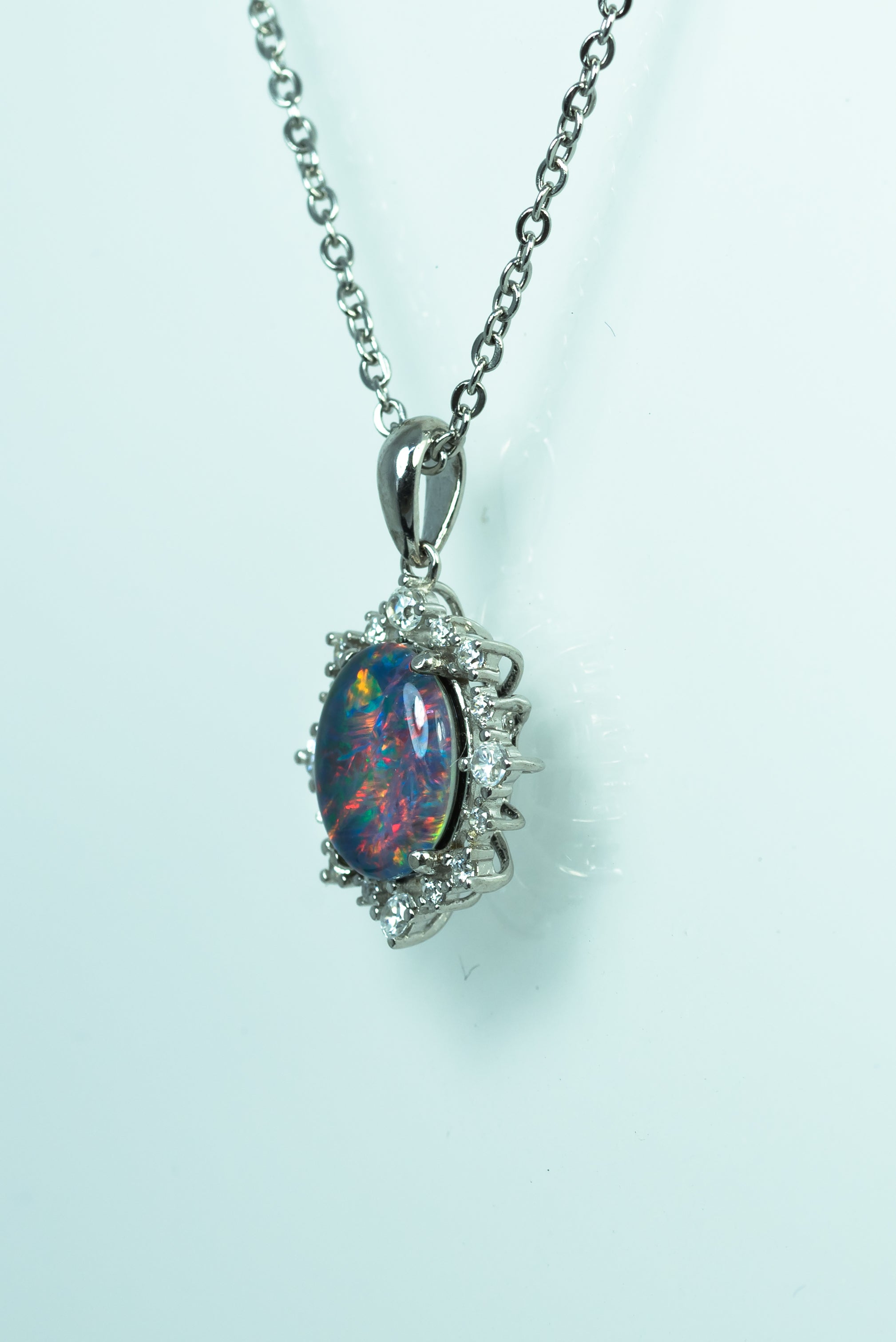 Halo Cluster Multi Color Fire Opal Necklace - Genuine Australian Triplet Opal Necklace Pendant in Sterling Silver White Gold Plated for Women