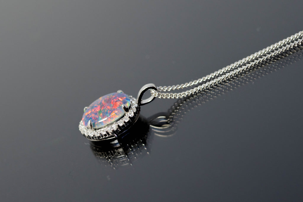 Australian Opal Halo Cluster Luxury Design - Multi Color Fire Opal Necklace - Sterling Silver White Gold Plating - Multi Color Gem Stone
