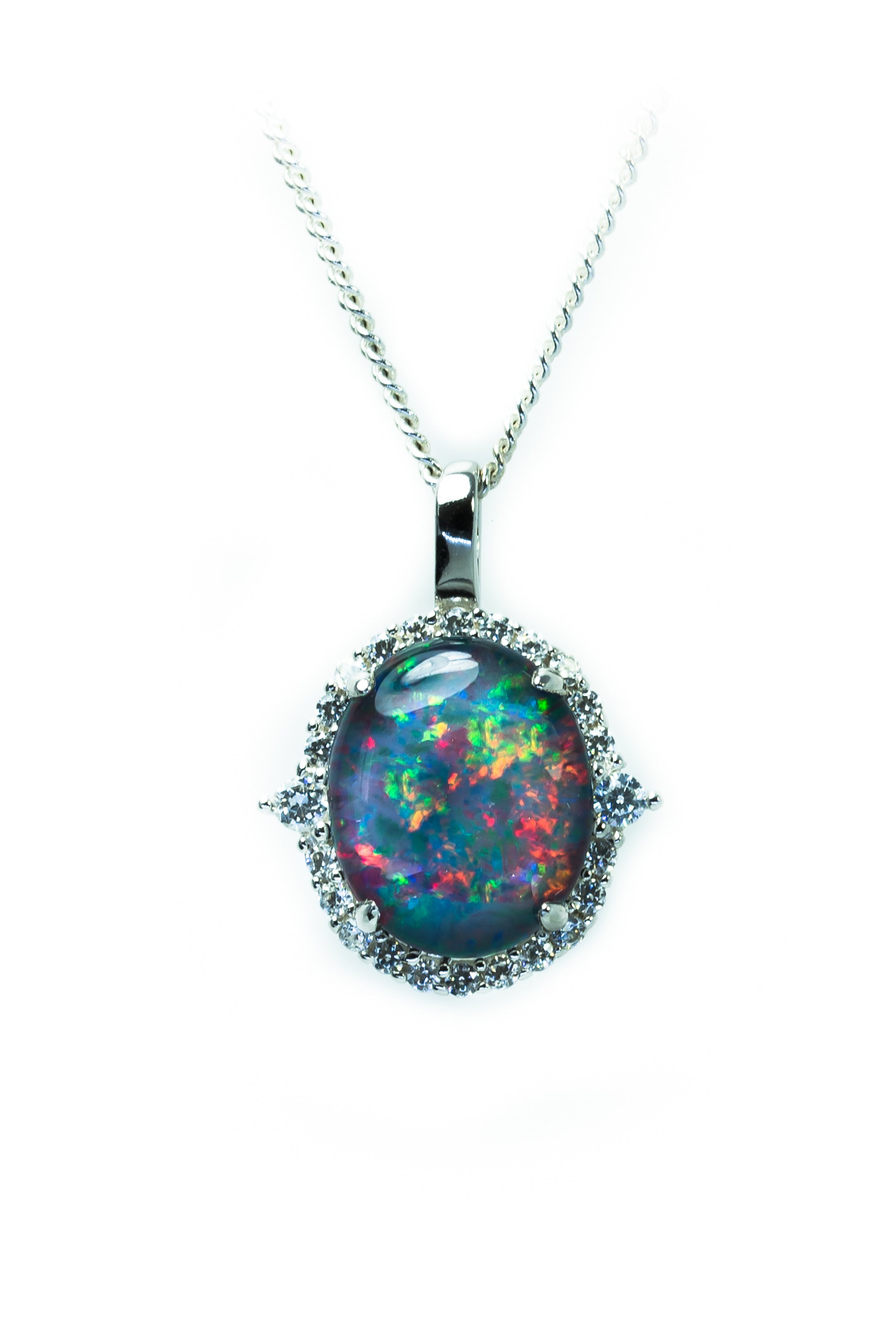 Australian Opal Halo Cluster Luxury Design - Multi Color Fire Opal Necklace - Sterling Silver White Gold Plating - Multi Color Gem Stone