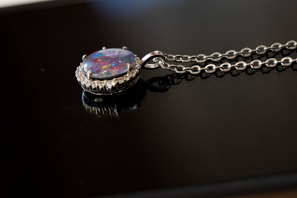 Australian Opal Halo Cluster Luxury Design - Multi Color Fire Opal Necklace - Sterling Silver White Gold Plating - Multi Color Gem Stone