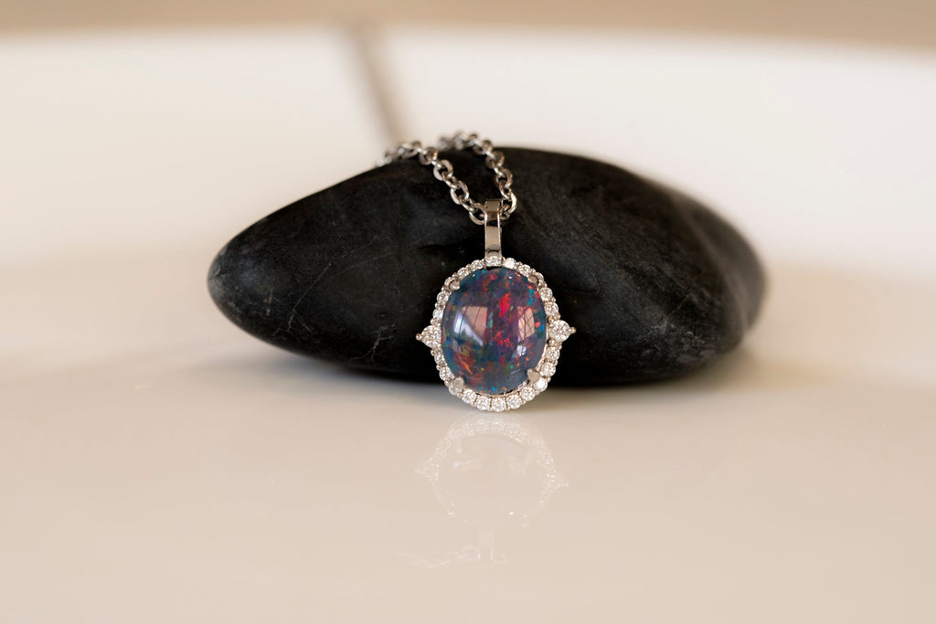 Australian Opal Halo Cluster Luxury Design - Multi Color Fire Opal Necklace - Sterling Silver White Gold Plating - Multi Color Gem Stone