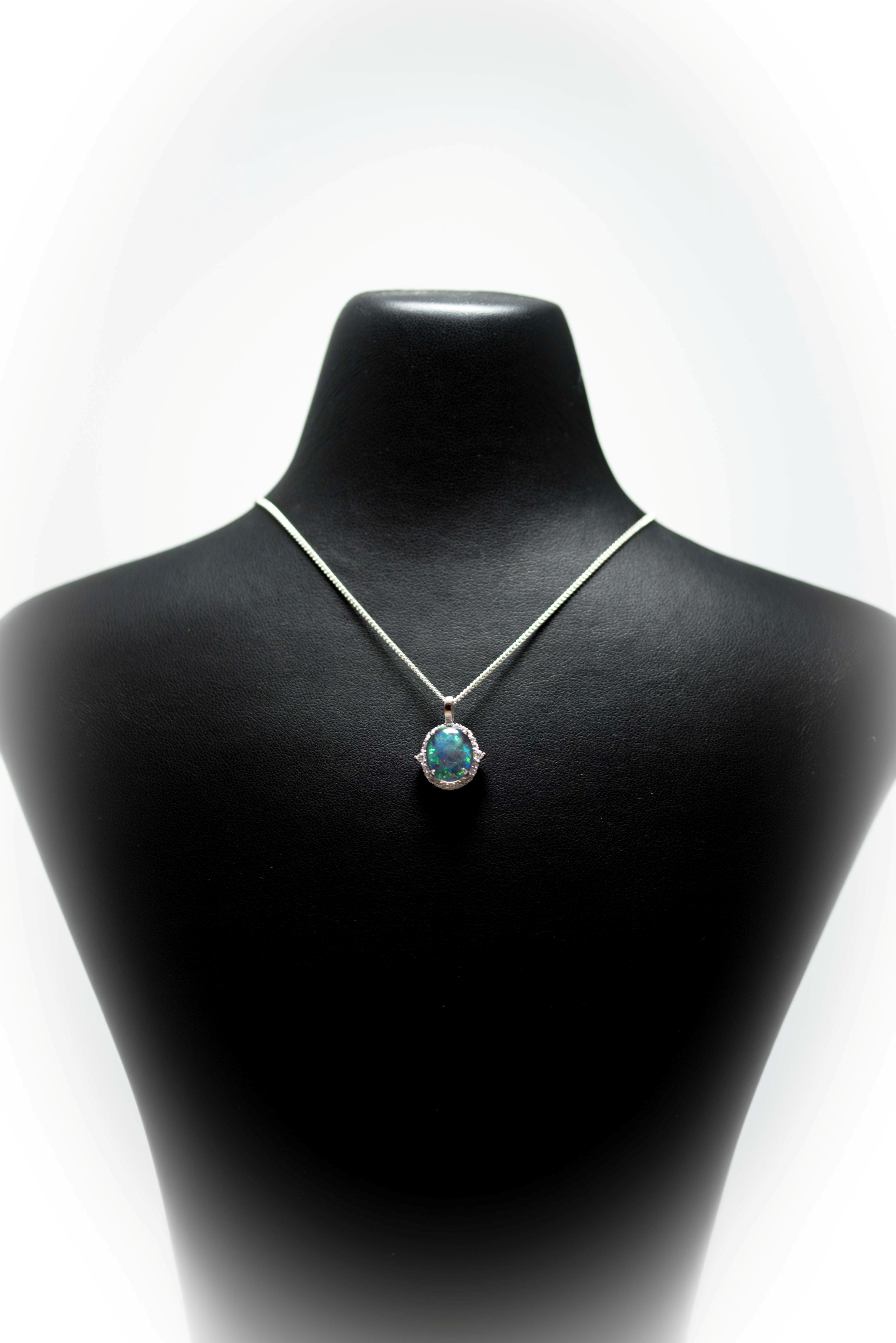 Australian Opal Halo Cluster Luxury Design - Multi Color Fire Opal Necklace - Sterling Silver White Gold Plating - Green Blue Gem Stone