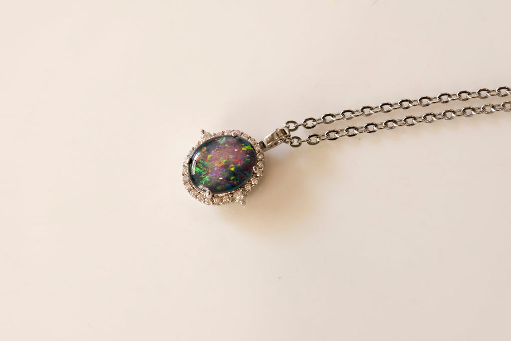 Australian Opal Halo Cluster Luxury Design - Multi Color Fire Opal Necklace - Sterling Silver White Gold Plating - Multi Color Gem Stone