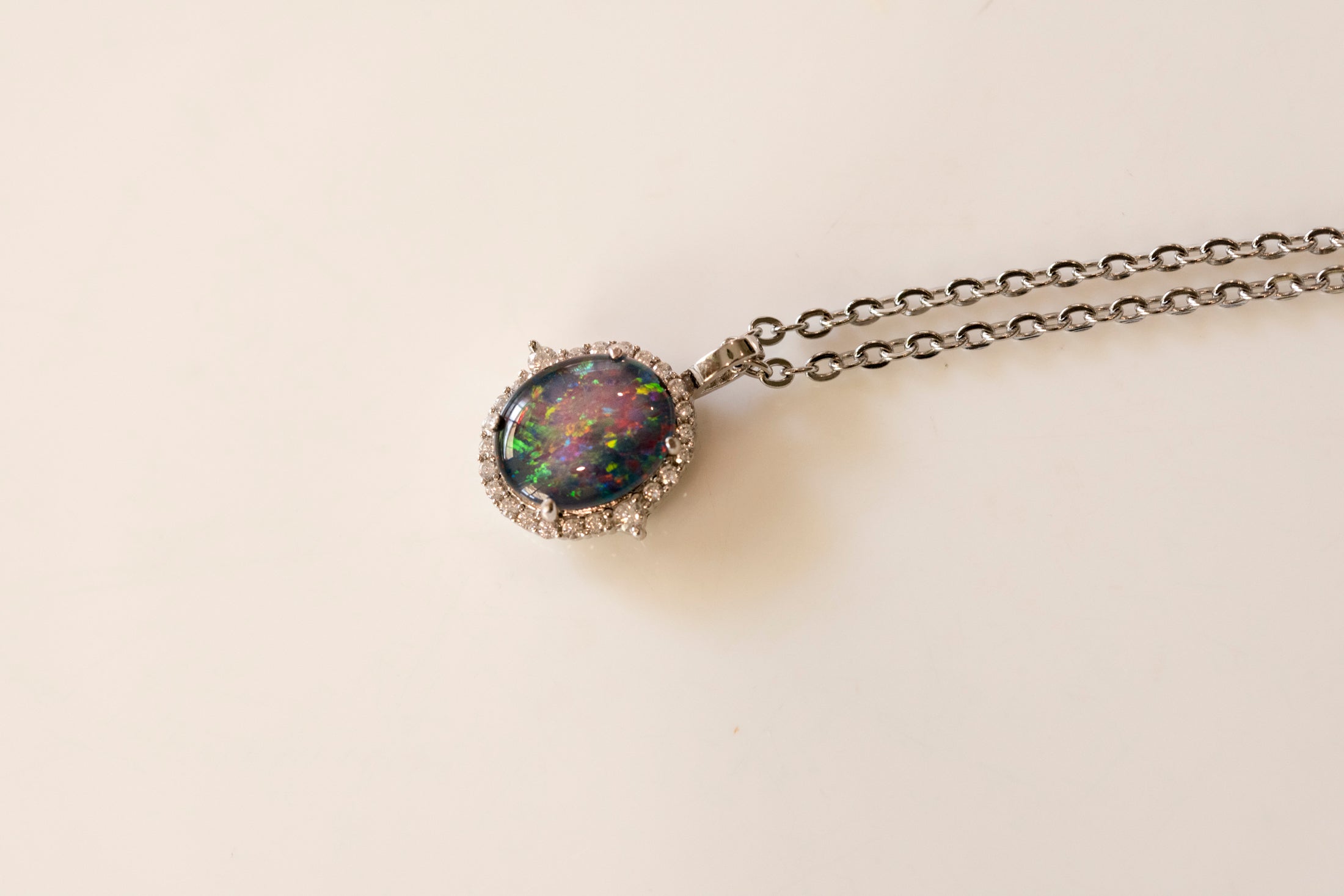 Australian Opal Halo Cluster Luxury Design - Multi Color Fire Opal Necklace - Sterling Silver White Gold Plating - Multi Color Gem Stone