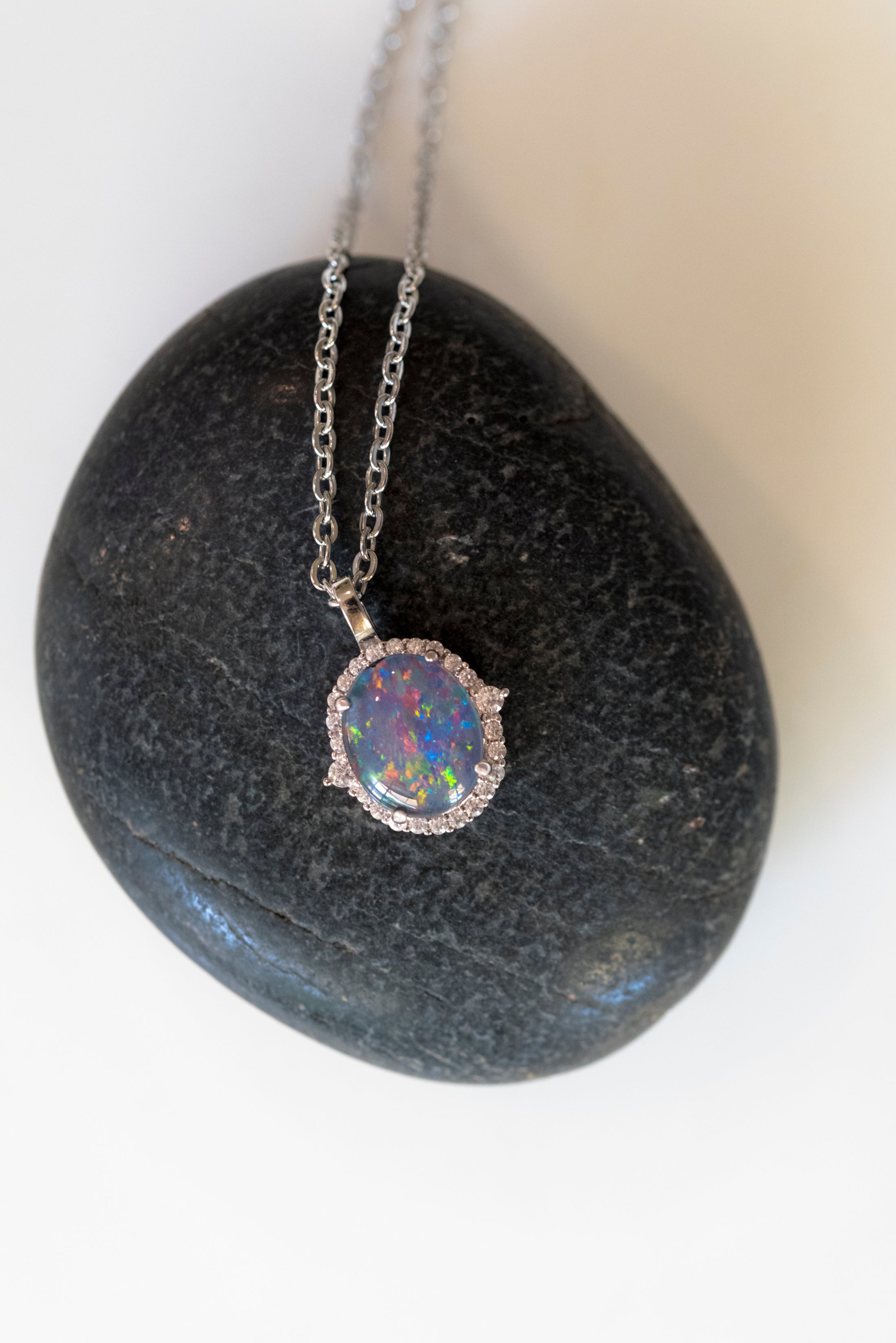 Australian Opal Halo Cluster Luxury Design - Multi Color Fire Opal Necklace - Sterling Silver White Gold Plating - Multi Color Gem Stone