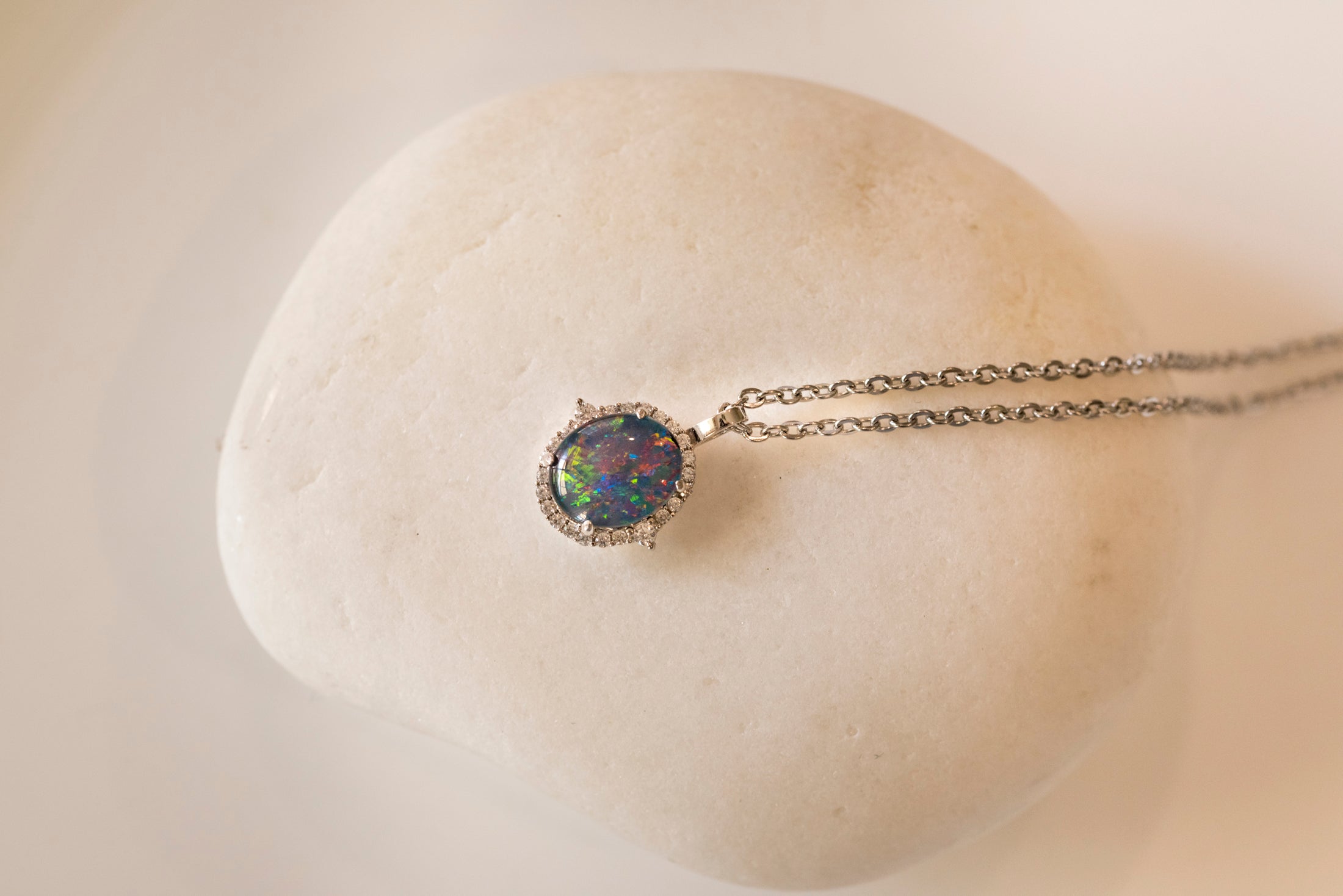 Australian Opal Halo Cluster Luxury Design - Multi Color Fire Opal Necklace - Sterling Silver White Gold Plating - Multi Color Gem Stone