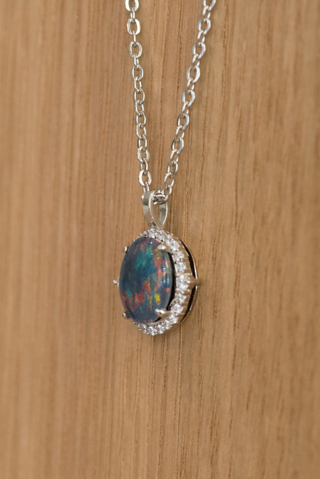 Australian Opal Halo Cluster Luxury Design - Multi Color Fire Opal Necklace - Sterling Silver White Gold Plating - Multi Color Gem Stone