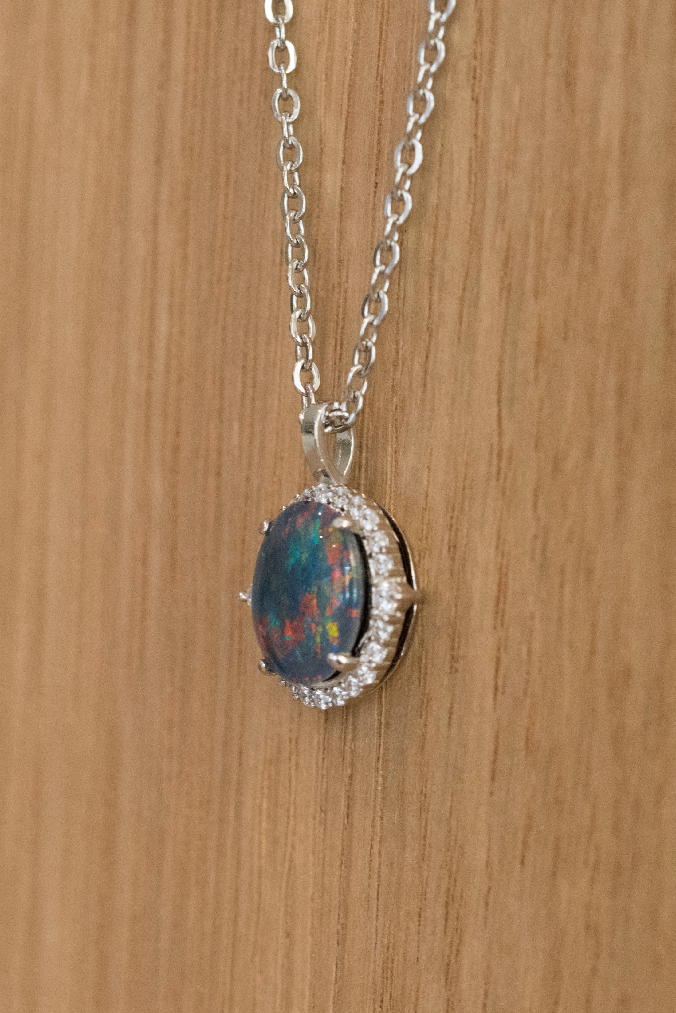Australian Opal Halo Cluster Luxury Design - Multi Color Fire Opal Necklace - Sterling Silver White Gold Plating - Multi Color Gem Stone