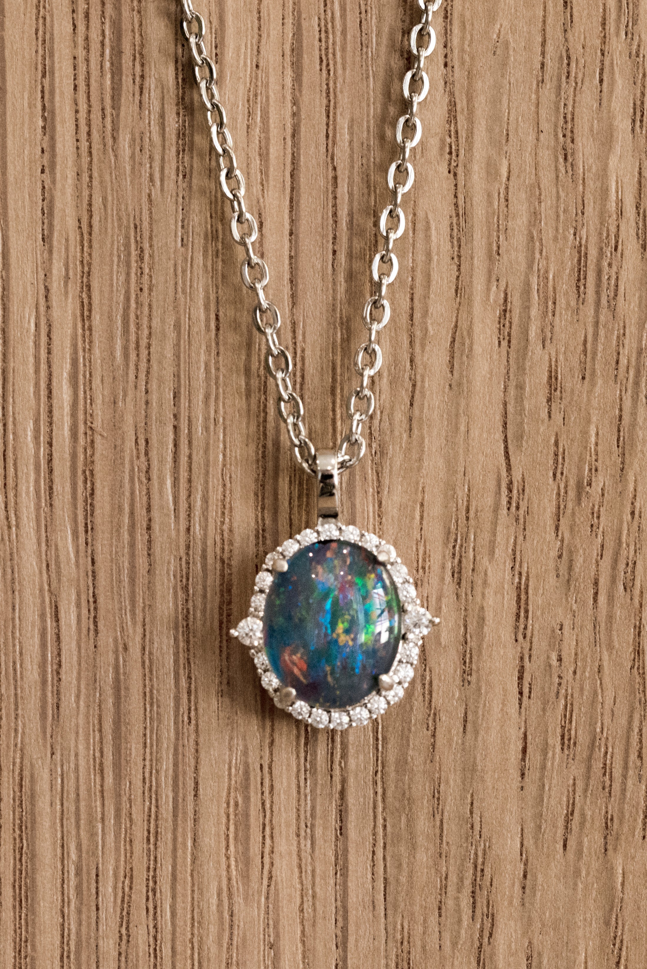 Australian Opal Halo Cluster Luxury Design - Multi Color Fire Opal Necklace - Sterling Silver White Gold Plating - Multi Color Gem Stone