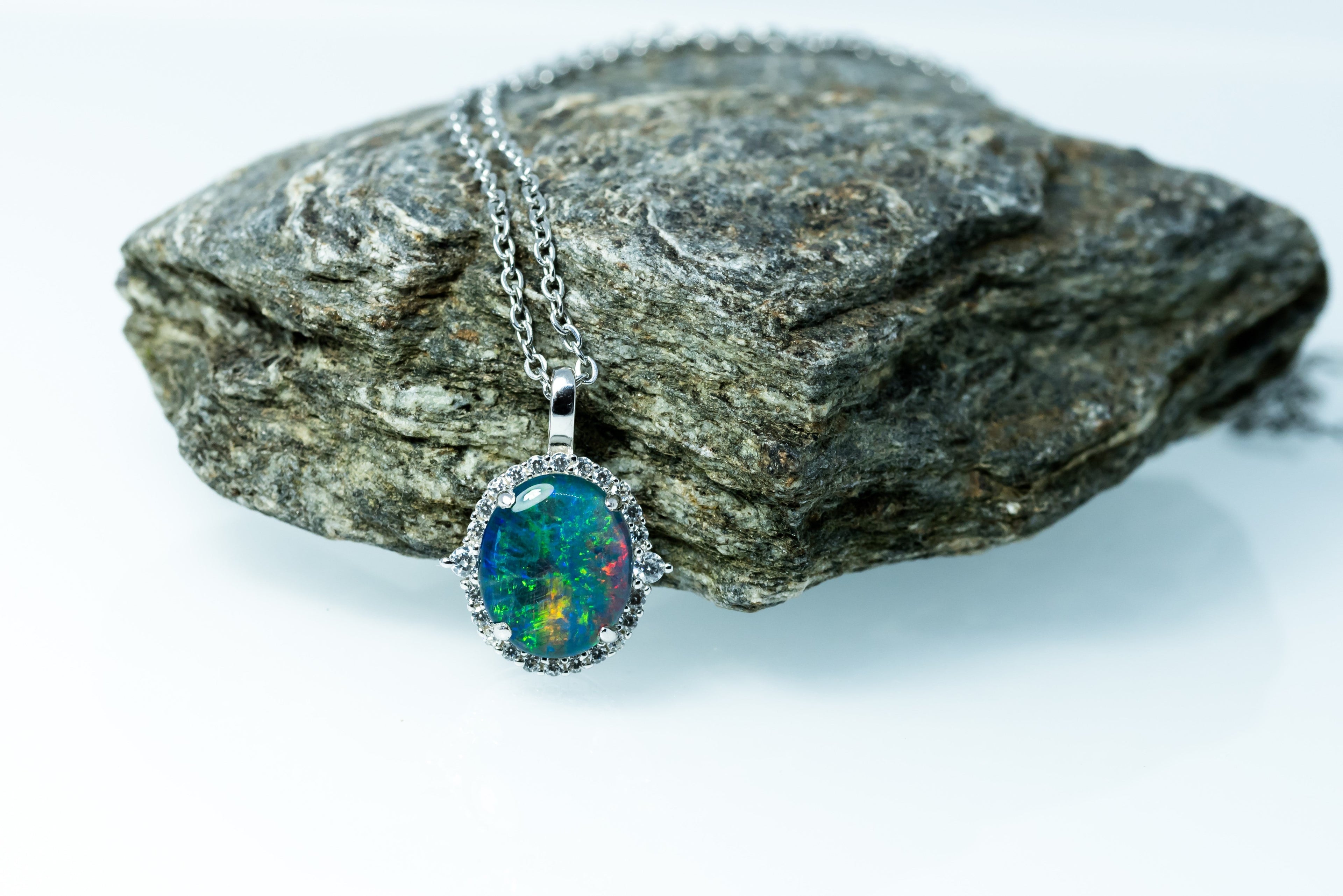 Australian Opal Halo Cluster Luxury Design - Multi Color Fire Opal Necklace - Sterling Silver White Gold Plating - Green Blue Gem Stone