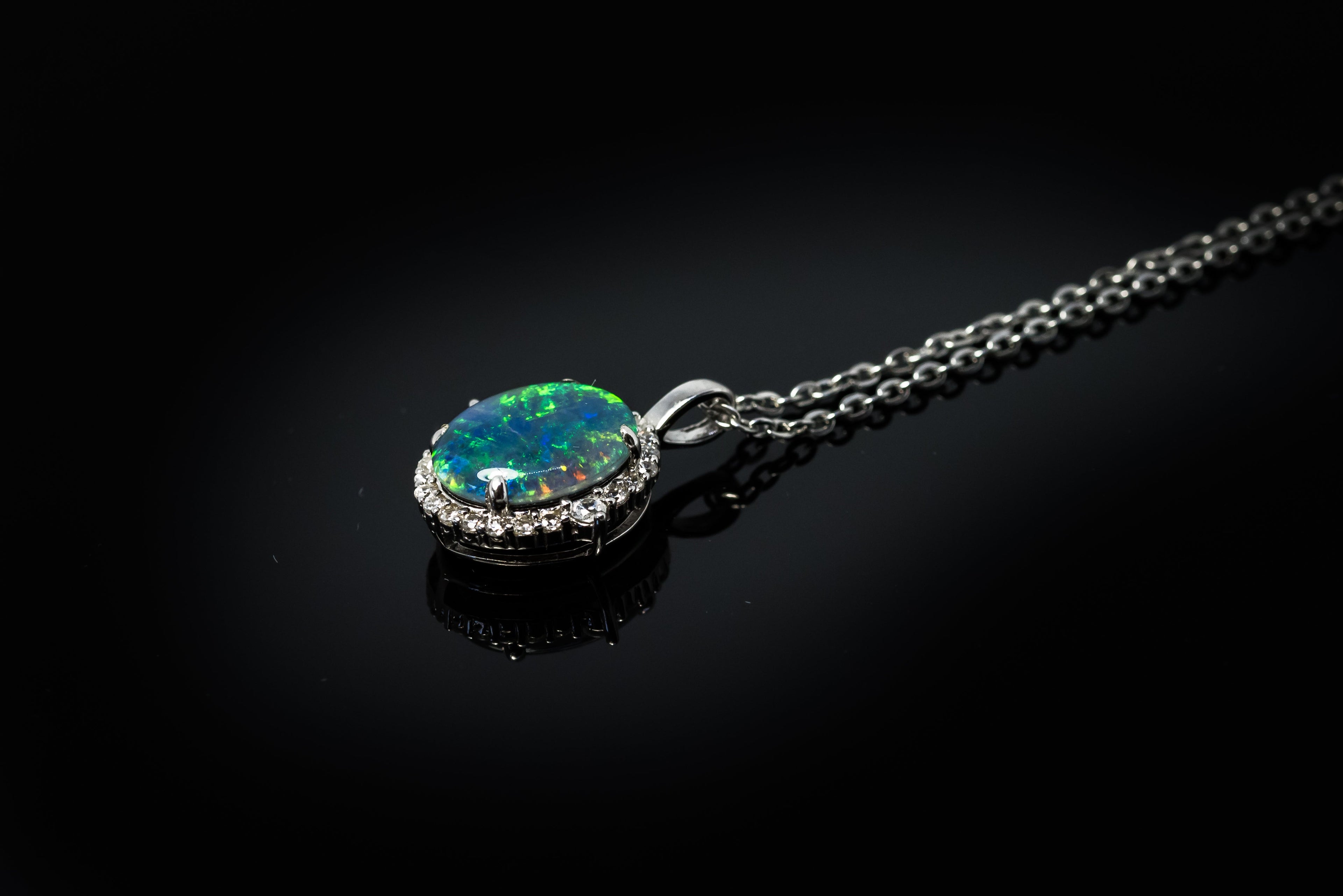 Australian Opal Halo Cluster Luxury Design - Multi Color Fire Opal Necklace - Sterling Silver White Gold Plating - Green Blue Gem Stone