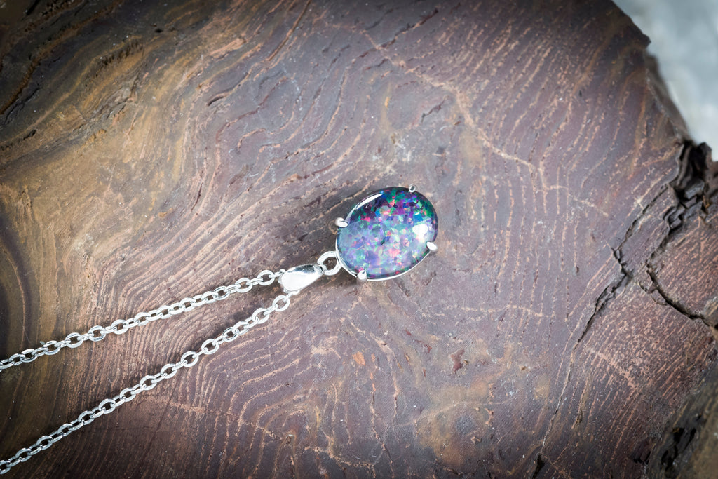 Australian Triplet Opal - Multi Color Fire Opal Necklace - Simple Design - Triplet Opal Pendant in Sterling Silver White Gold Plated