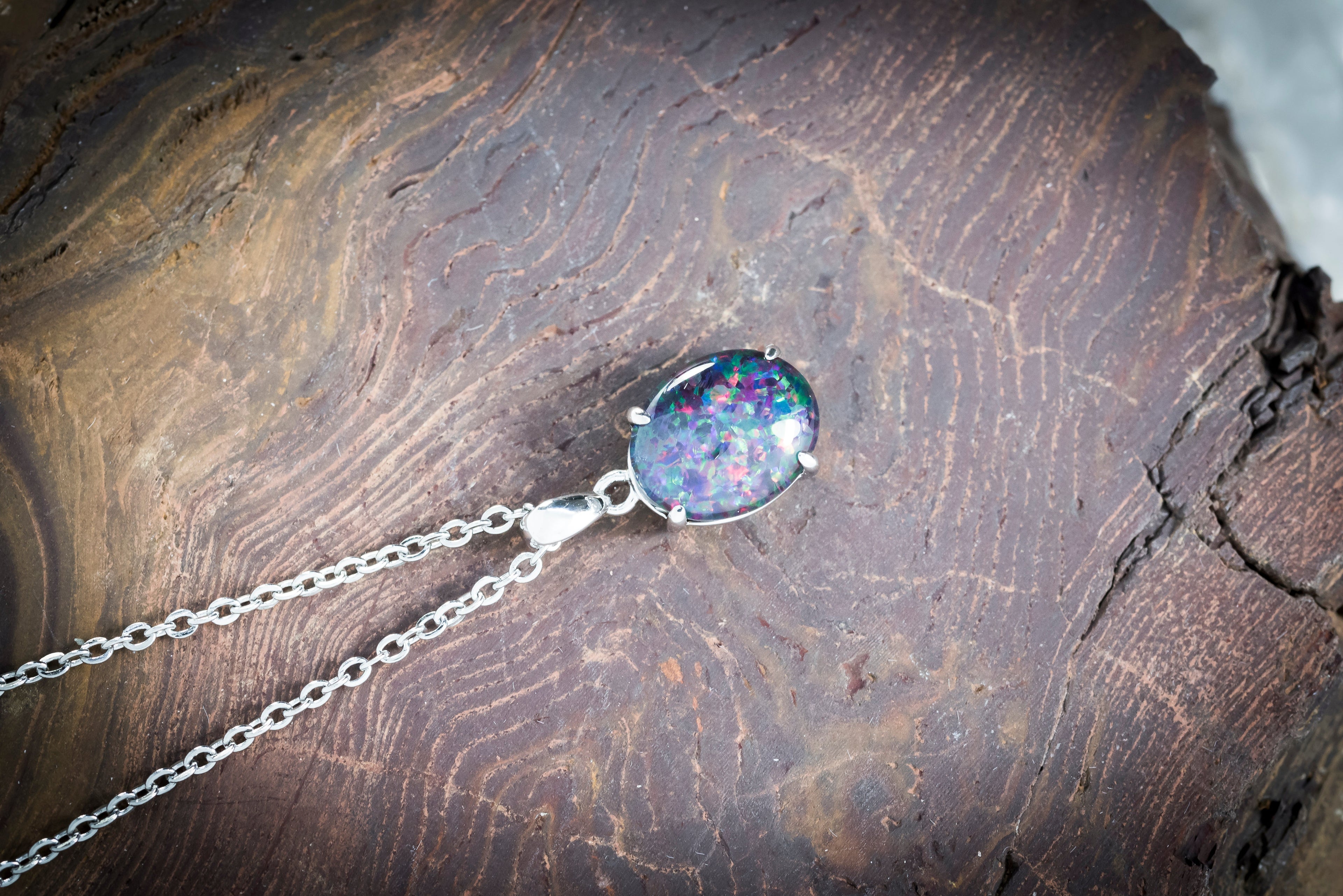 Australian Triplet Opal - Multi Color Fire Opal Necklace - Simple Design - Triplet Opal Pendant in Sterling Silver White Gold Plated