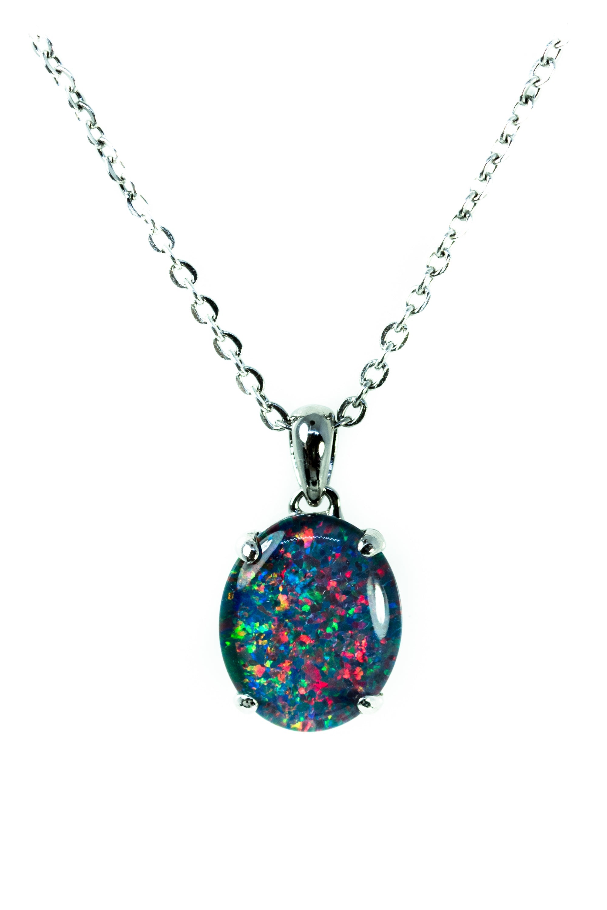 Australian Triplet Opal - Multi Color Fire Opal Necklace - Simple Design - Triplet Opal Pendant in Sterling Silver White Gold Plated