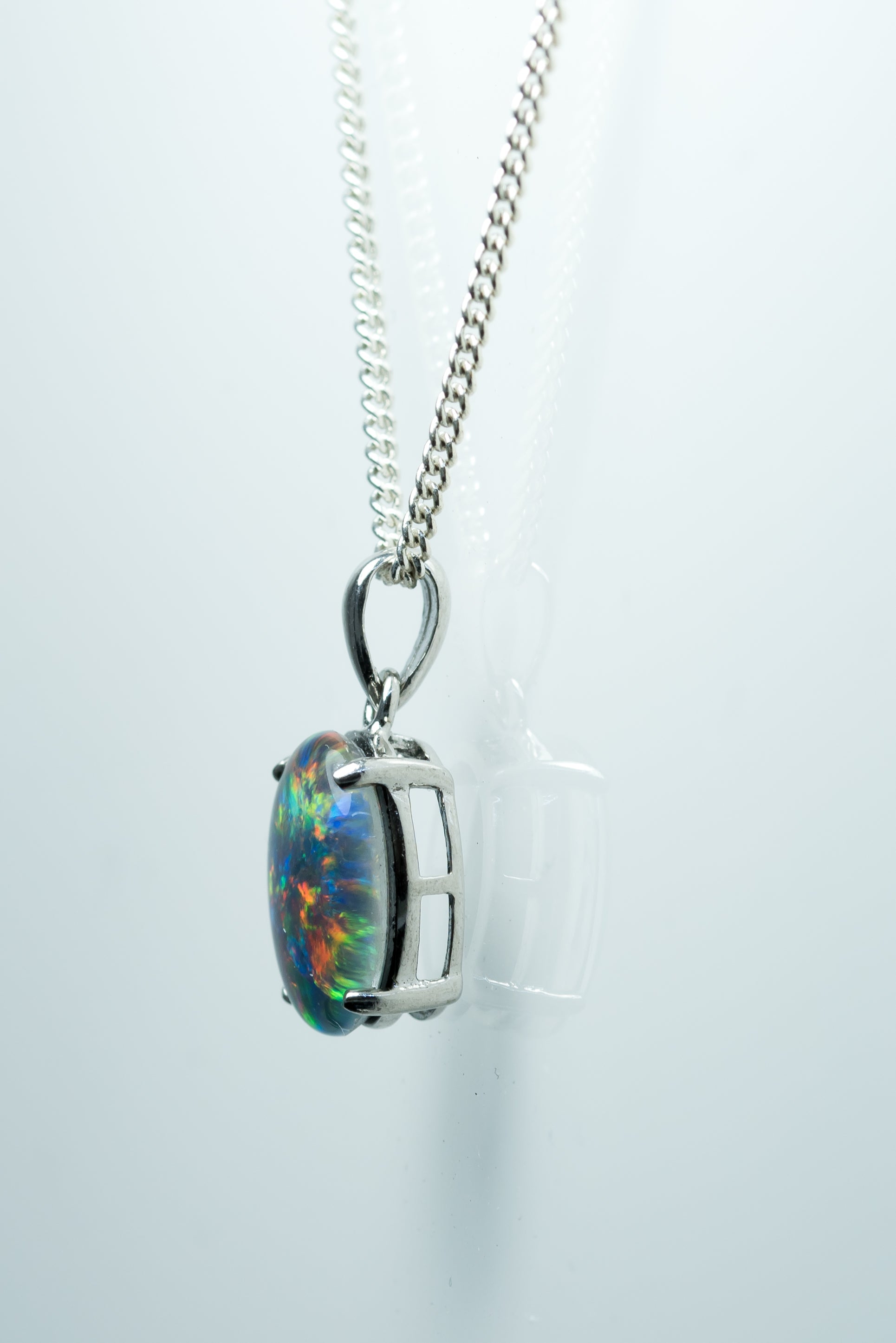 Australian Triplet Opal - Multi Color Fire Opal Necklace - Simple Design - Triplet Opal Pendant in Sterling Silver White Gold Plated