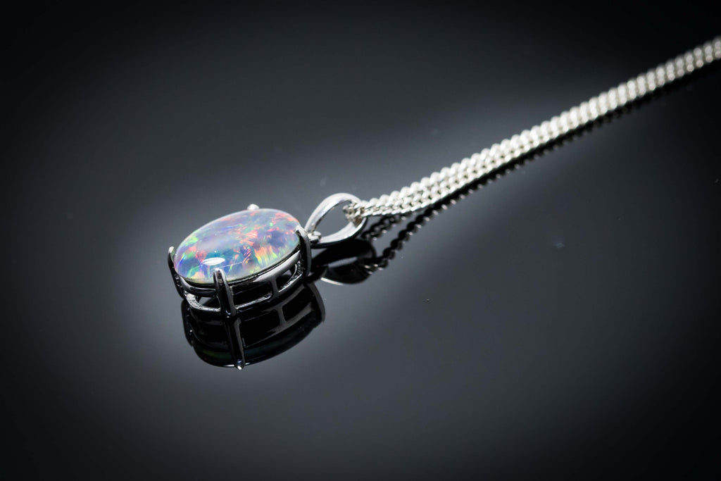 Australian Triplet Opal - Multi Color Fire Opal Necklace - Simple Design - Triplet Opal Pendant in Sterling Silver White Gold Plated