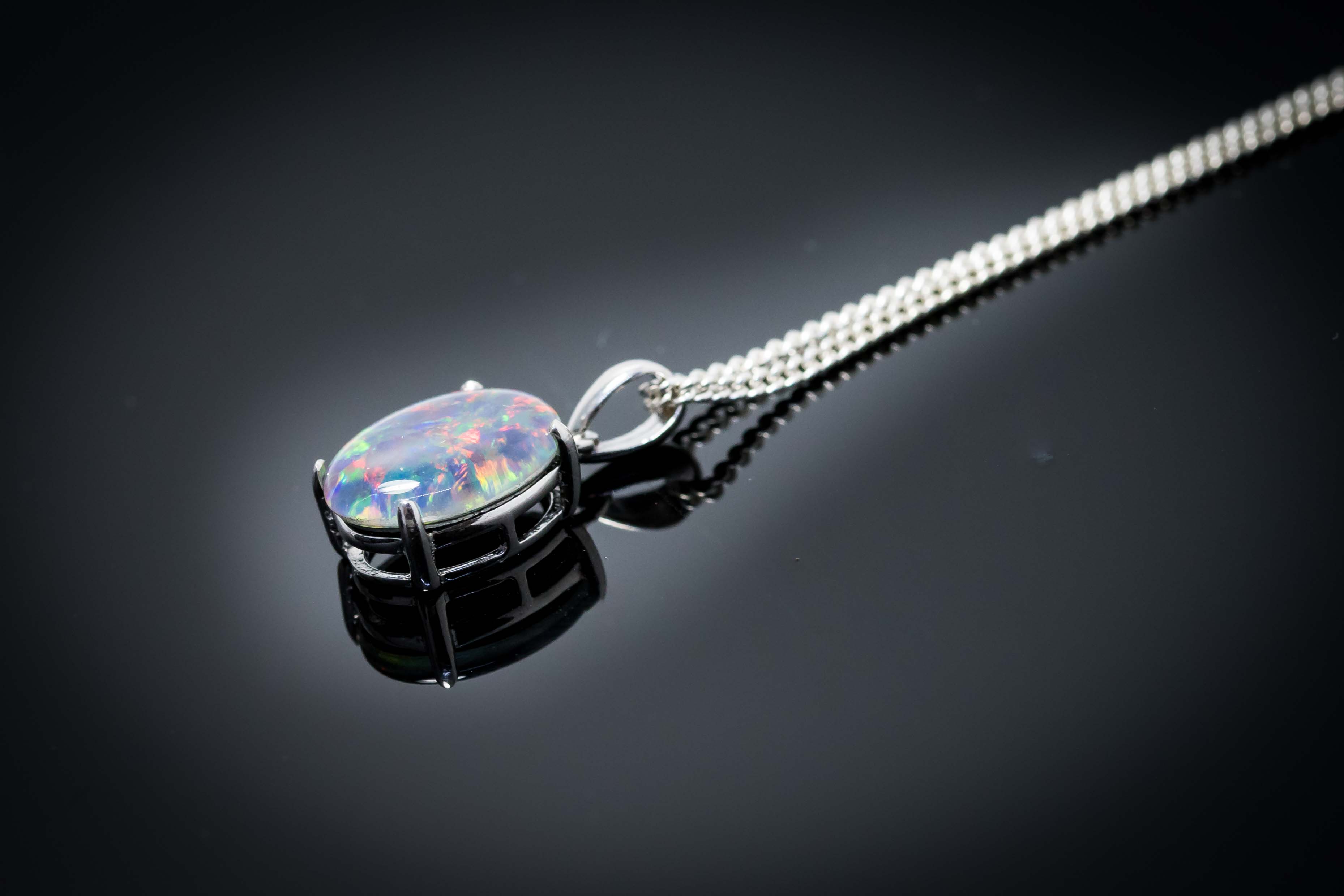 Australian Triplet Opal - Multi Color Fire Opal Necklace - Simple Design - Triplet Opal Pendant in Sterling Silver White Gold Plated