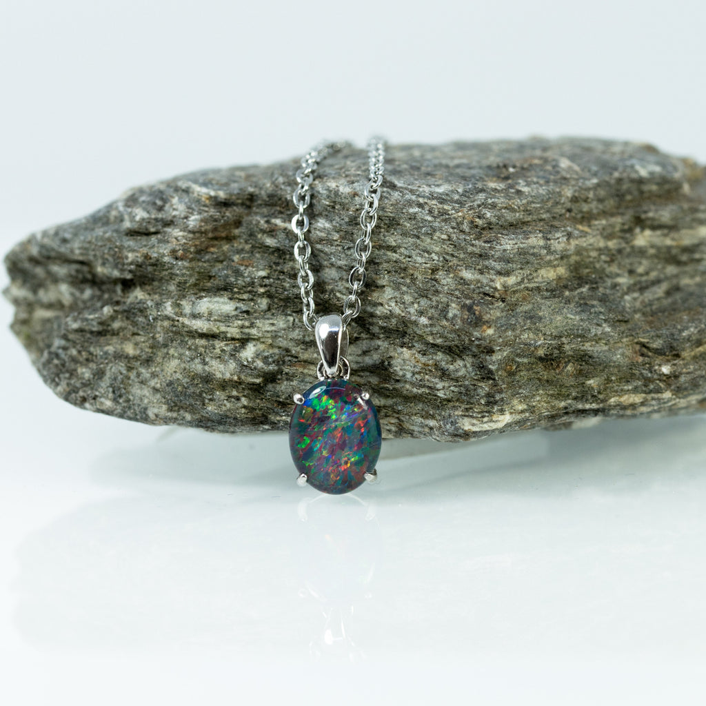 Australian Triplet Opal - Multi Color Fire Opal Necklace - Simple Design - Triplet Opal Pendant in Sterling Silver White Gold Plated