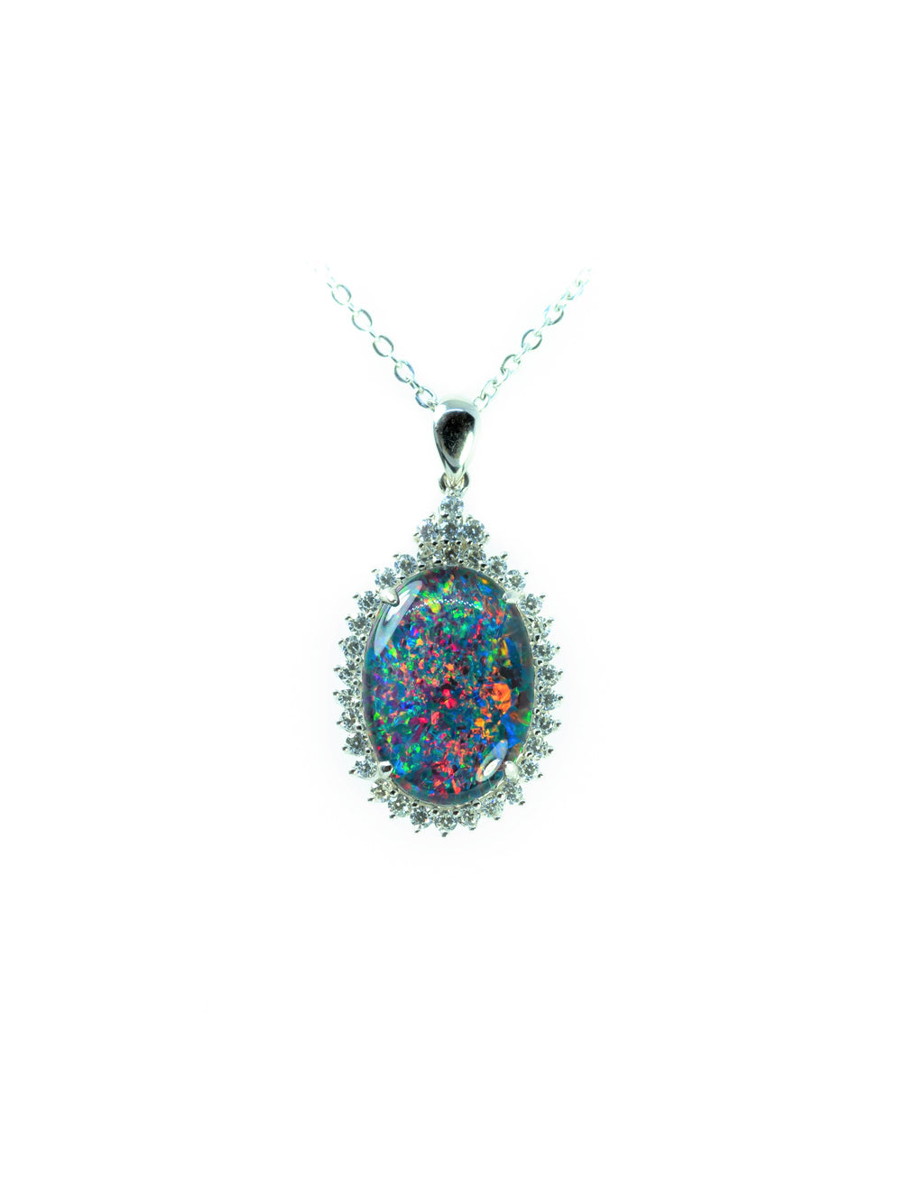 Large Australian Opal - Halo Cluster Multi Color Fire Opal Necklace - Genuine Australian Triplet Opal Necklace Pendant in Sterling Silver White Gold Plated