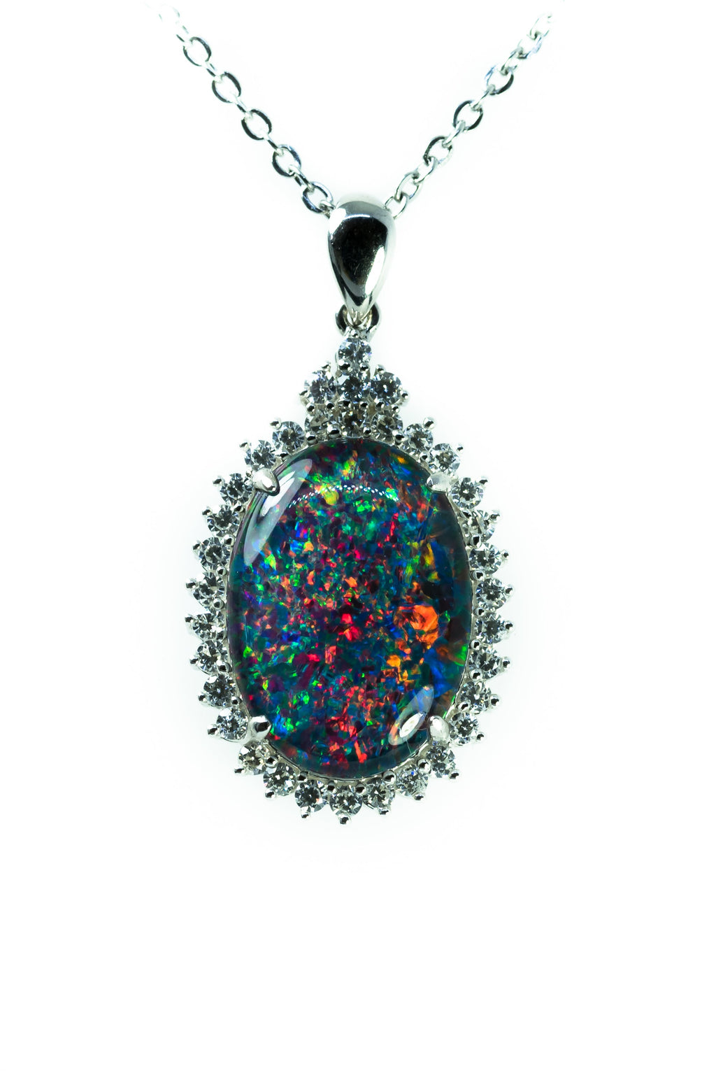 Large Australian Opal - Halo Cluster Multi Color Fire Opal Necklace - Genuine Australian Triplet Opal Necklace Pendant in Sterling Silver White Gold Plated