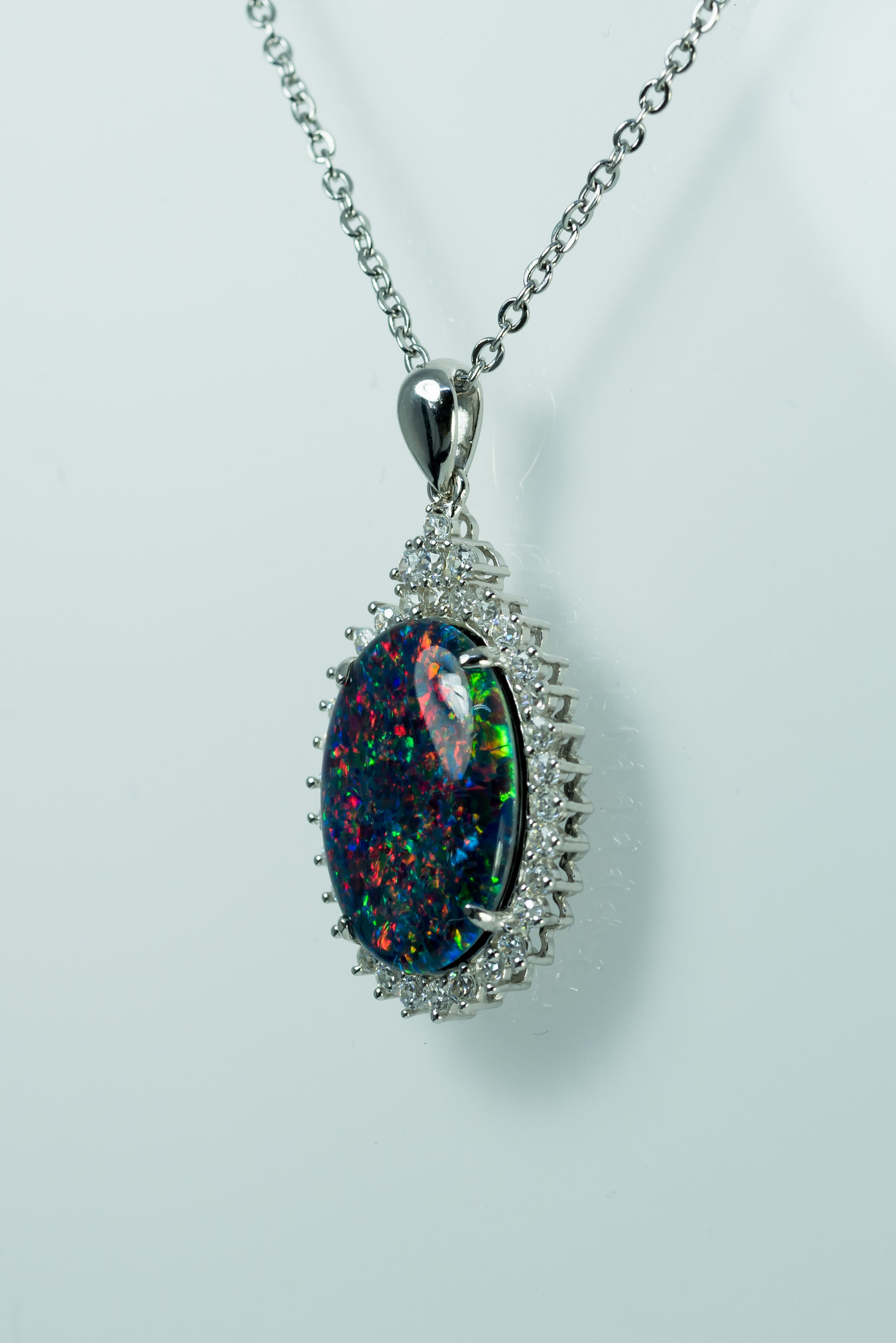 Large Australian Opal - Halo Cluster Multi Color Fire Opal Necklace - Genuine Australian Triplet Opal Necklace Pendant in Sterling Silver White Gold Plated