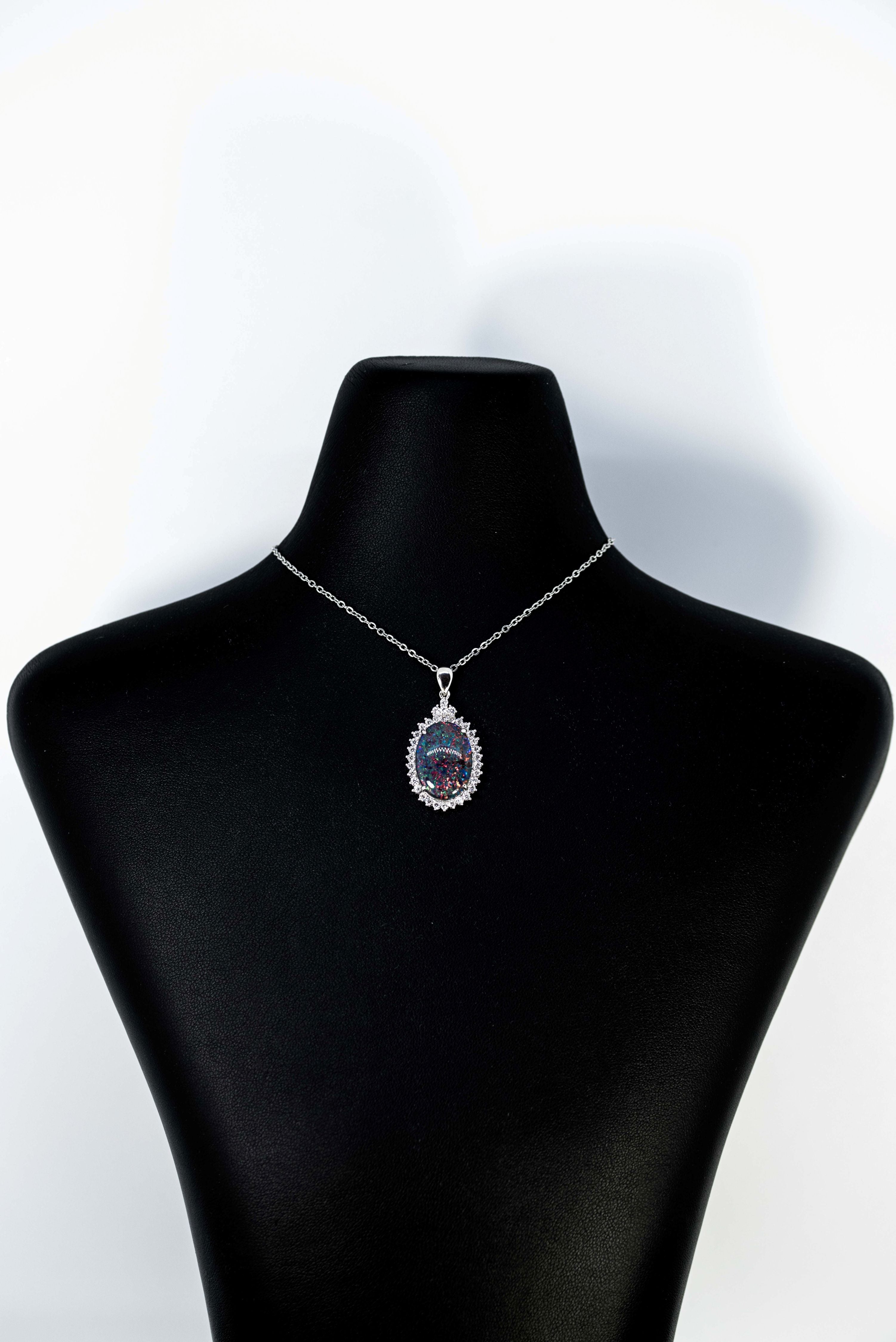 Large Australian Opal - Halo Cluster Multi Color Fire Opal Necklace - Genuine Australian Triplet Opal Necklace Pendant in Sterling Silver White Gold Plated