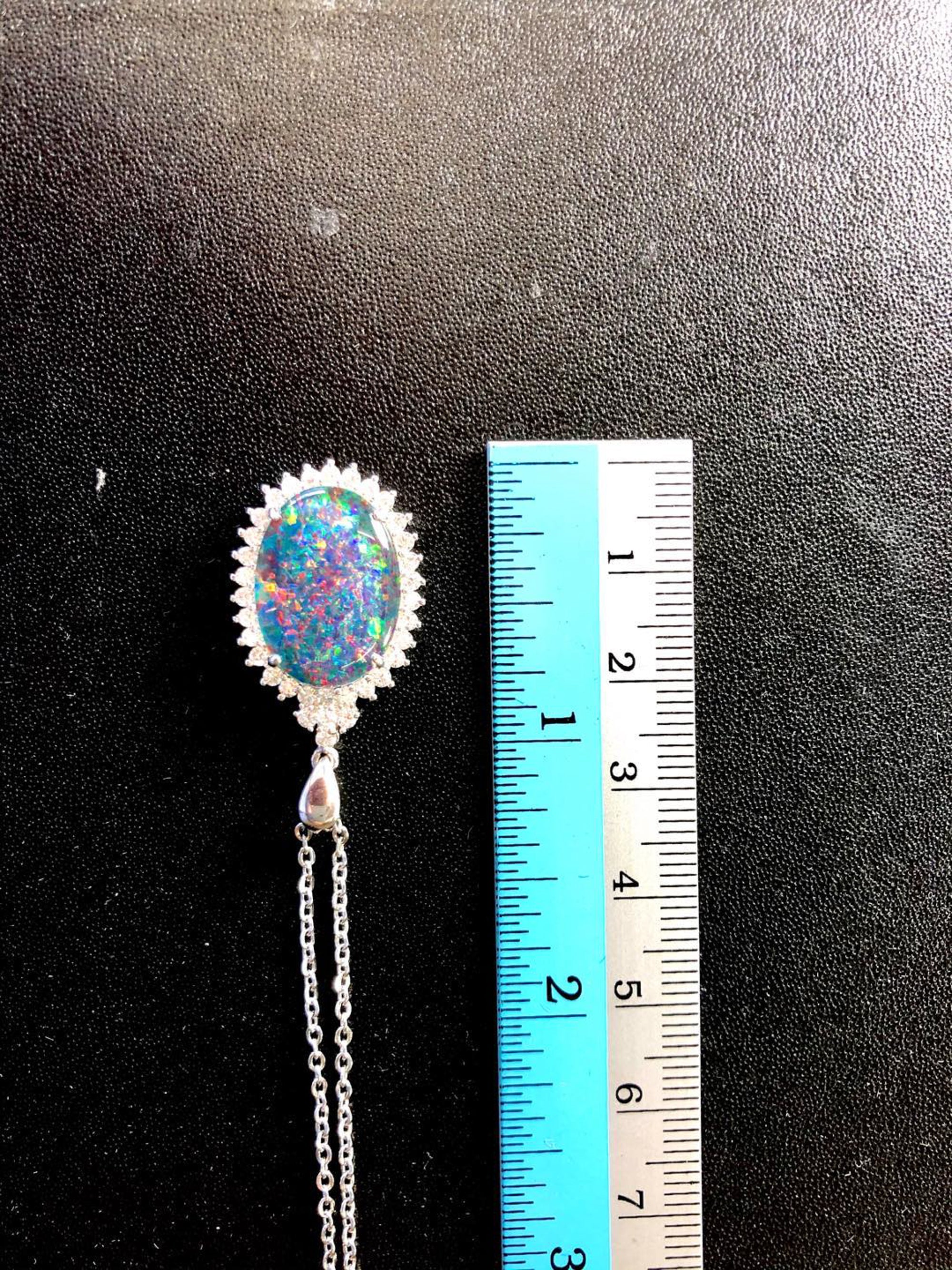 Large Australian Opal - Halo Cluster Multi Color Fire Opal Necklace - Genuine Australian Triplet Opal Necklace Pendant in Sterling Silver White Gold Plated