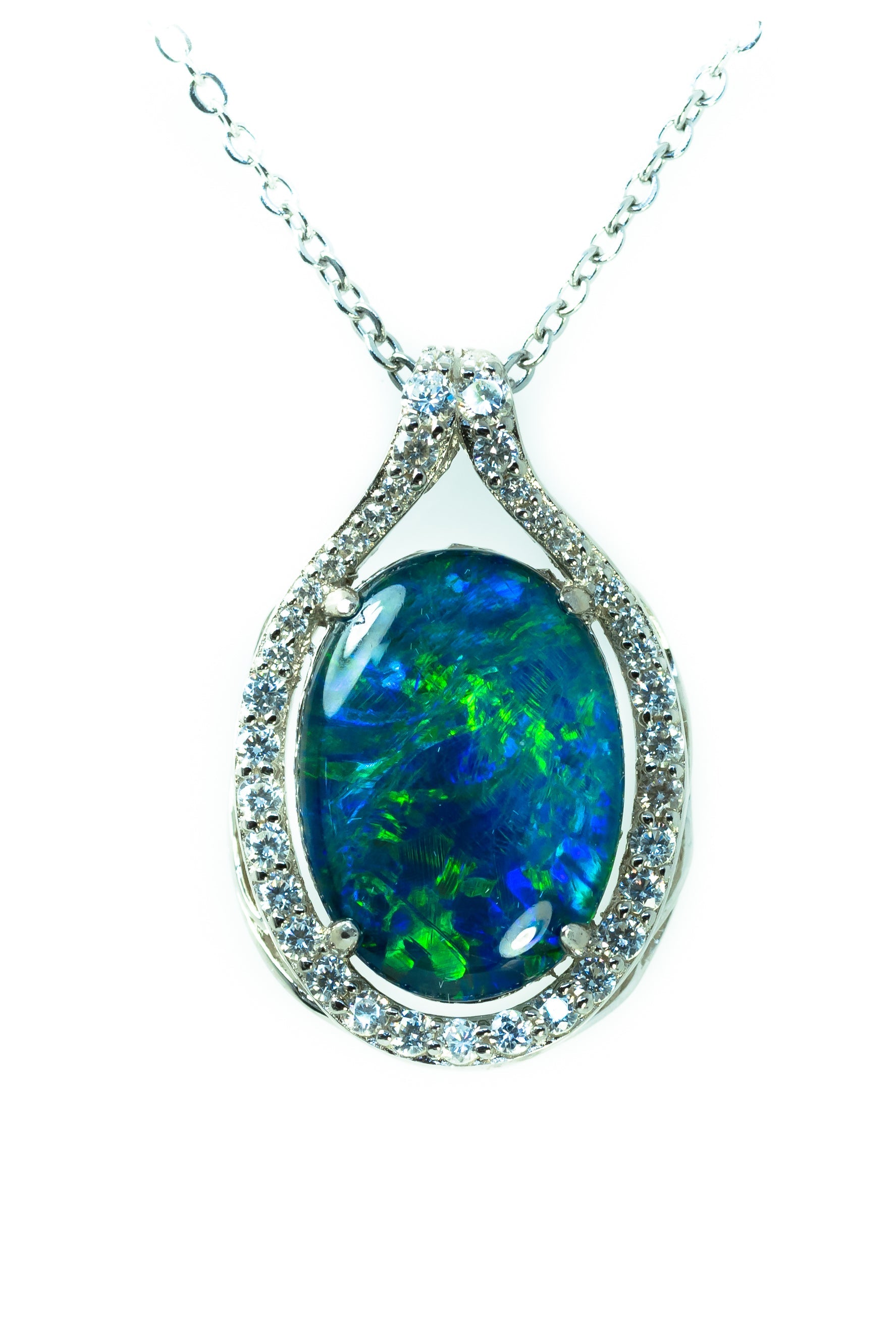 Large Australian Opal - Halo Cluster Green Blue Color Fire Opal Necklace - Opal Pendant in Sterling Silver White Gold Plating Finish
