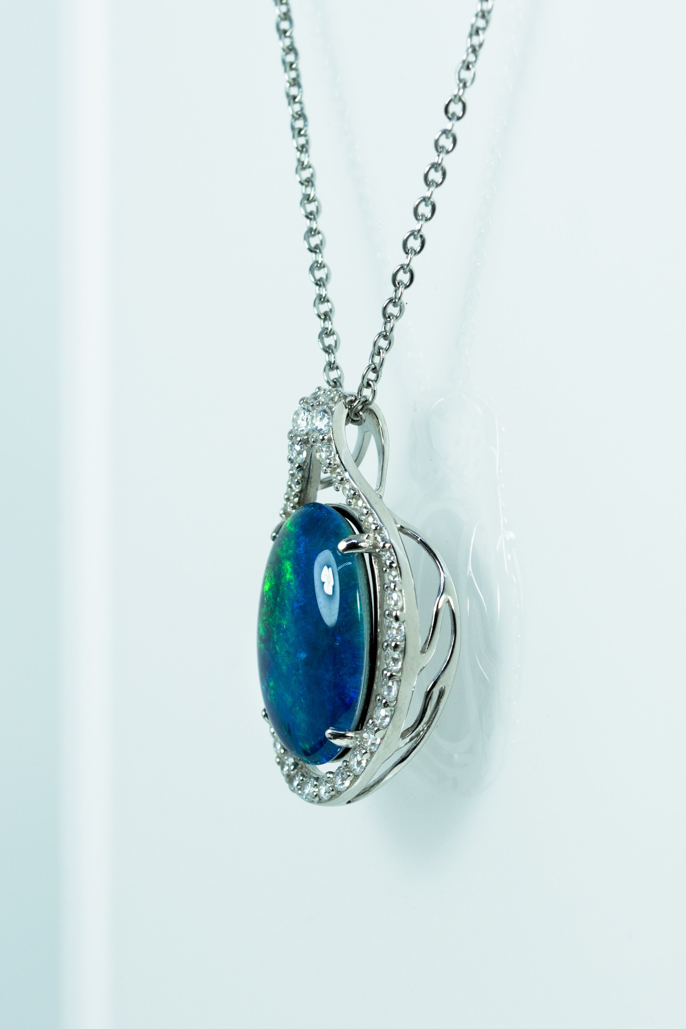 Large Australian Triplet Opal - Halo Cluster Deep Ocean Blue Fire Opal Necklace - Sterling Silver White Gold Plated