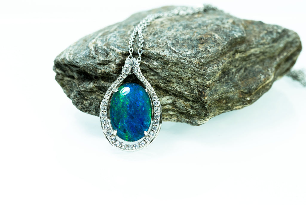 Large Australian Triplet Opal - Halo Cluster Deep Ocean Blue Fire Opal Necklace - Sterling Silver White Gold Plated