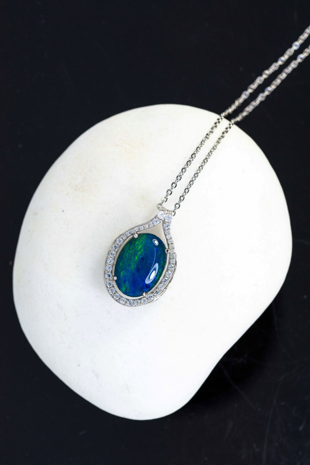Large Australian Triplet Opal - Halo Cluster Deep Ocean Blue Fire Opal Necklace - Sterling Silver White Gold Plated