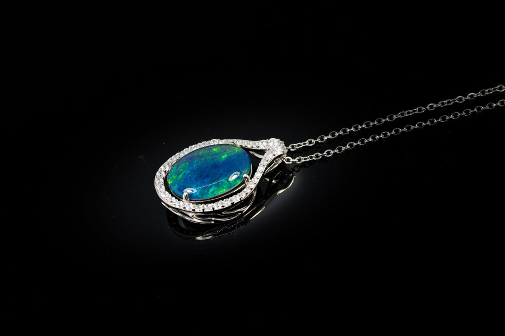 Large Australian Triplet Opal - Halo Cluster Deep Ocean Blue Fire Opal Necklace - Sterling Silver White Gold Plated