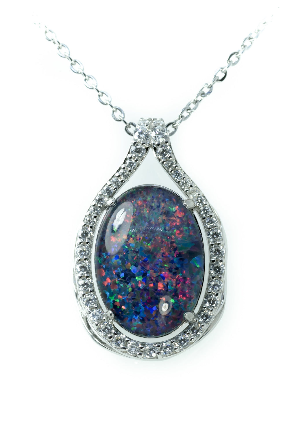 Large Australian Opal - Halo Cluster Multi Color Fire Opal Necklace - Luxury Australian Triplet Opal Pendant in Sterling Silver White Gold Plated