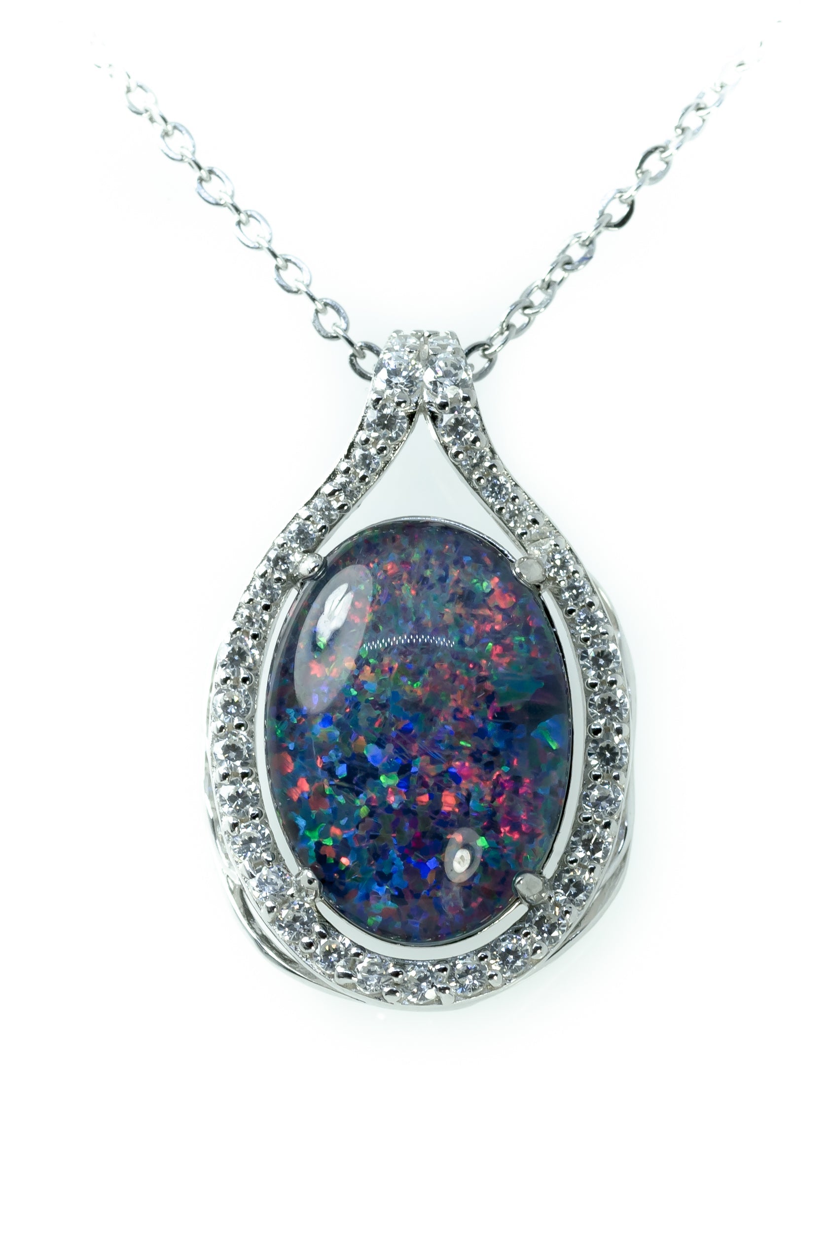 Large Australian Opal - Halo Cluster Multi Color Fire Opal Necklace - Luxury Australian Triplet Opal Pendant in Sterling Silver White Gold Plated