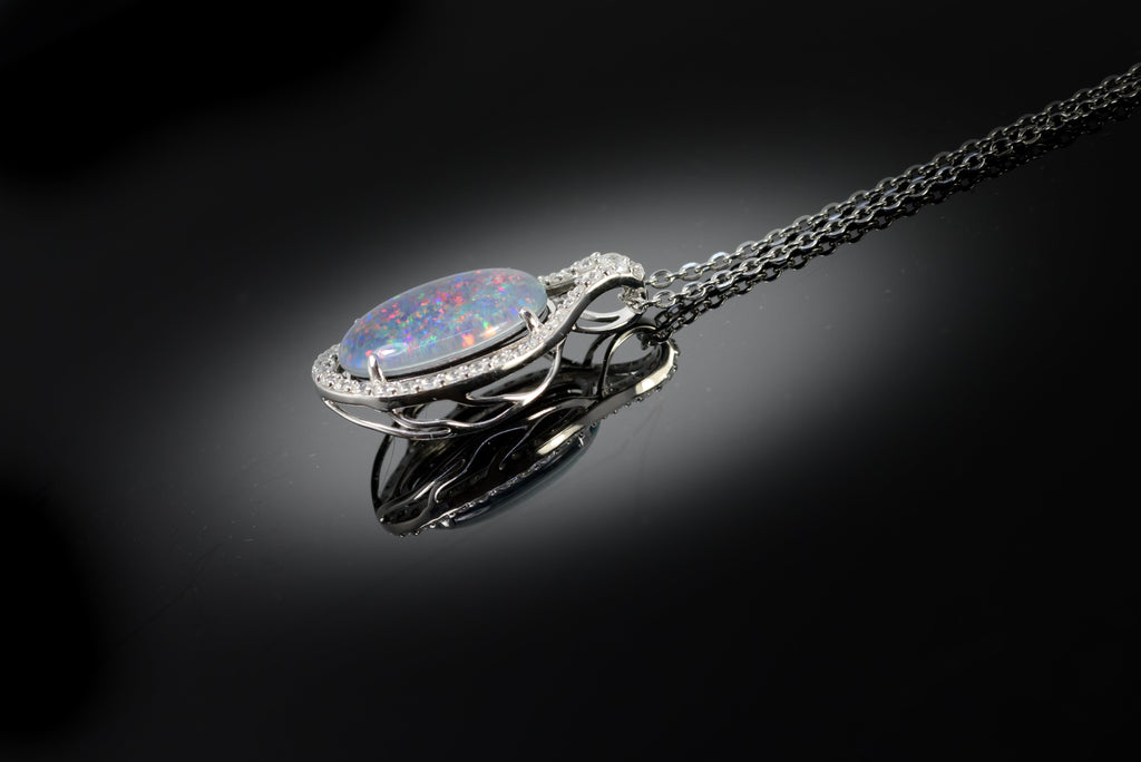 Large Australian Opal - Halo Cluster Multi Color Fire Opal Necklace - Luxury Australian Triplet Opal Pendant in Sterling Silver White Gold Plated