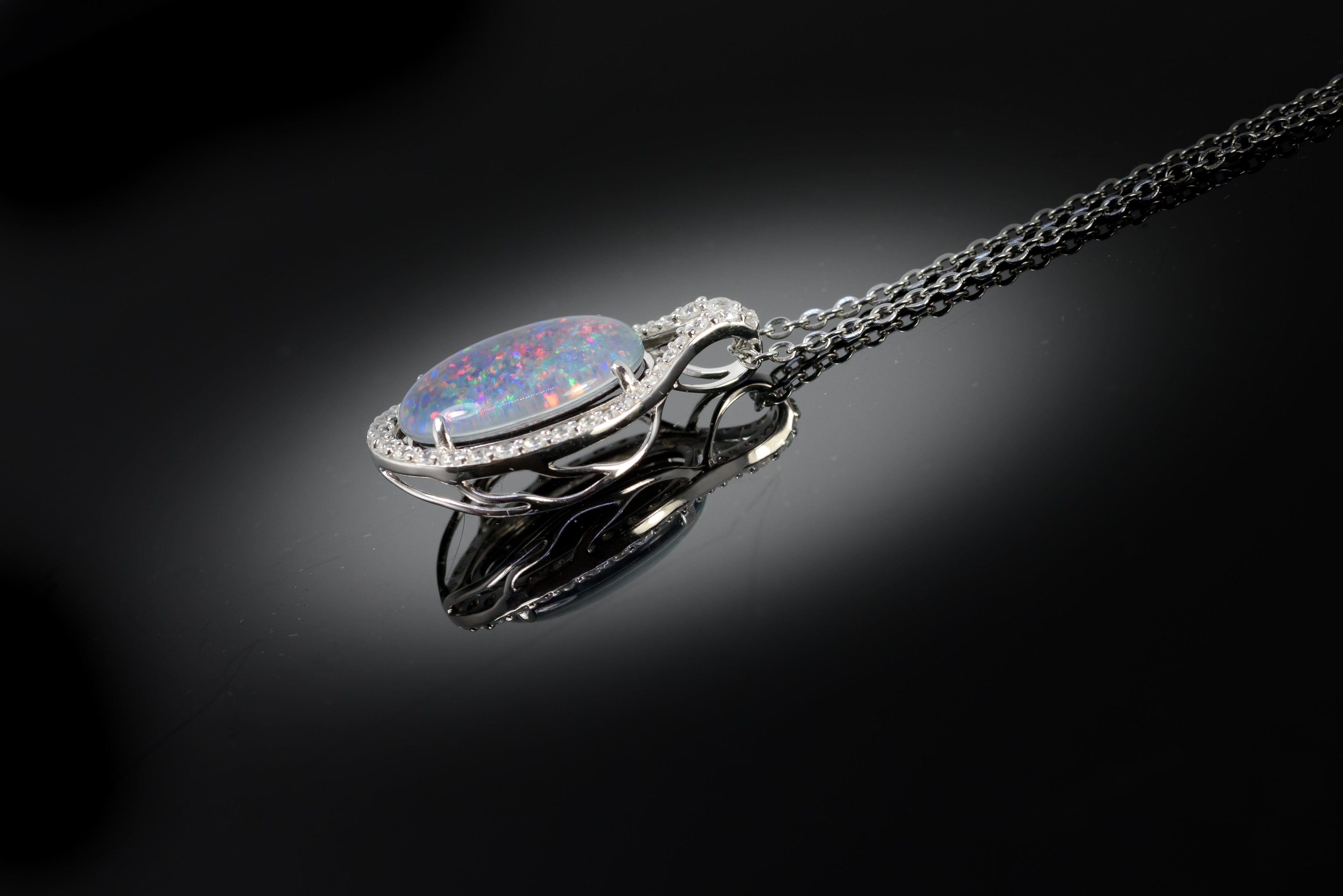 Large Australian Opal - Halo Cluster Multi Color Fire Opal Necklace - Luxury Australian Triplet Opal Pendant in Sterling Silver White Gold Plated
