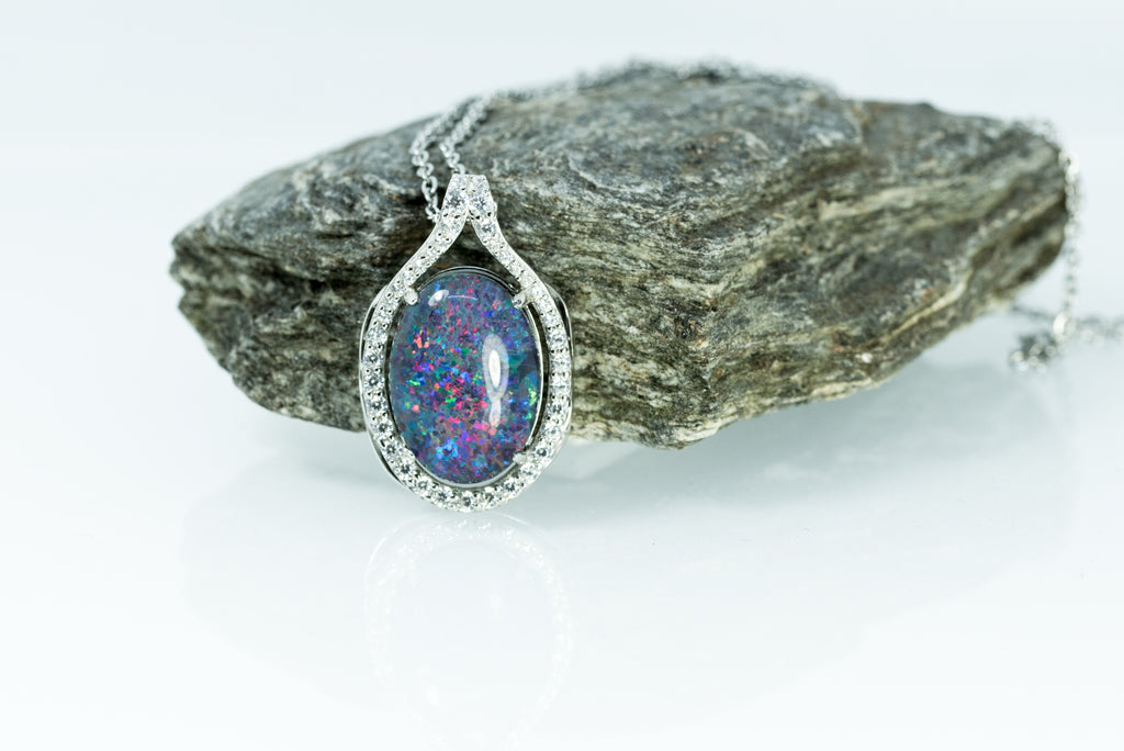 Large Australian Opal - Halo Cluster Multi Color Fire Opal Necklace - Luxury Australian Triplet Opal Pendant in Sterling Silver White Gold Plated