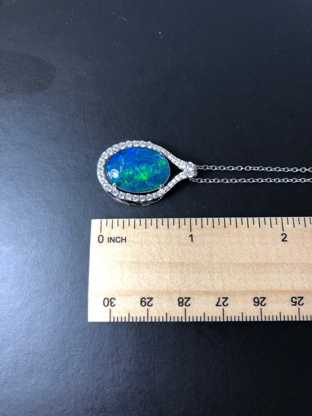 Large Australian Triplet Opal - Halo Cluster Deep Ocean Blue Fire Opal Necklace - Sterling Silver White Gold Plated
