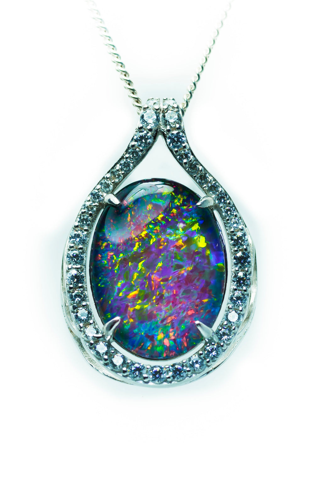 Large Australian Opal - Halo Cluster Multi Color Fire Opal Necklace - Luxury Australian Triplet Opal Pendant in Sterling Silver White Gold Plated