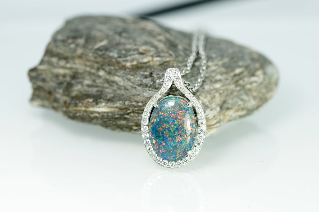 Large Australian Opal - Halo Cluster Green Blue Color Fire Opal Necklace - Opal Pendant in Sterling Silver White Gold Plating Finish