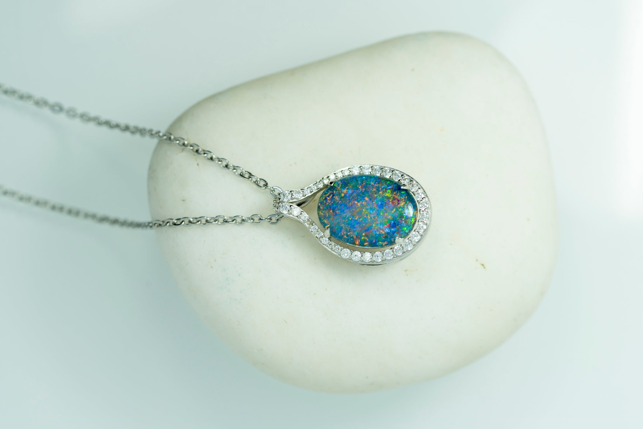 Large Australian Opal - Halo Cluster Green Blue Color Fire Opal Necklace - Opal Pendant in Sterling Silver White Gold Plating Finish