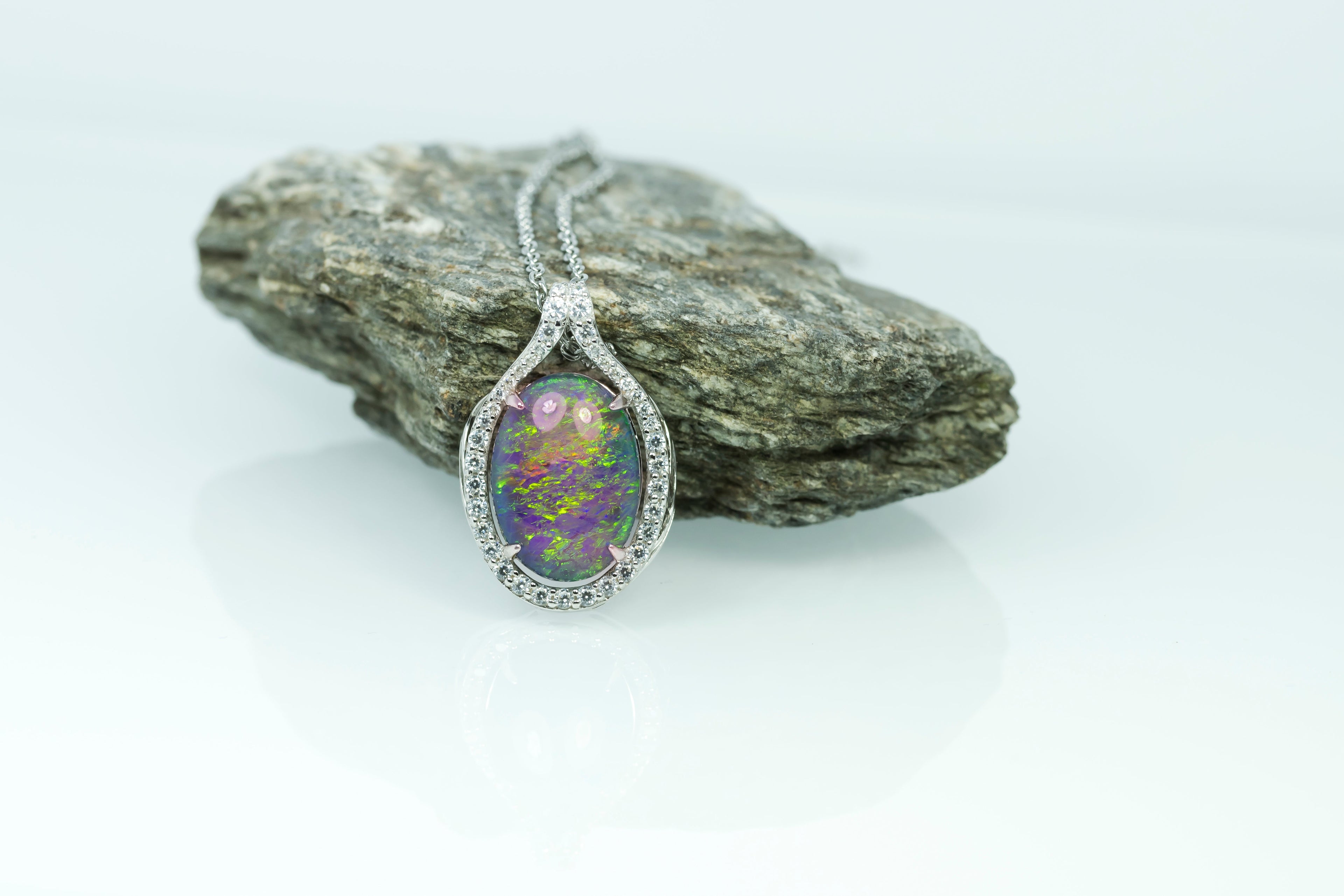 Large Australian Opal - Halo Cluster Multi Color Fire Opal Necklace - Luxury Australian Triplet Opal Pendant in Sterling Silver White Gold Plated