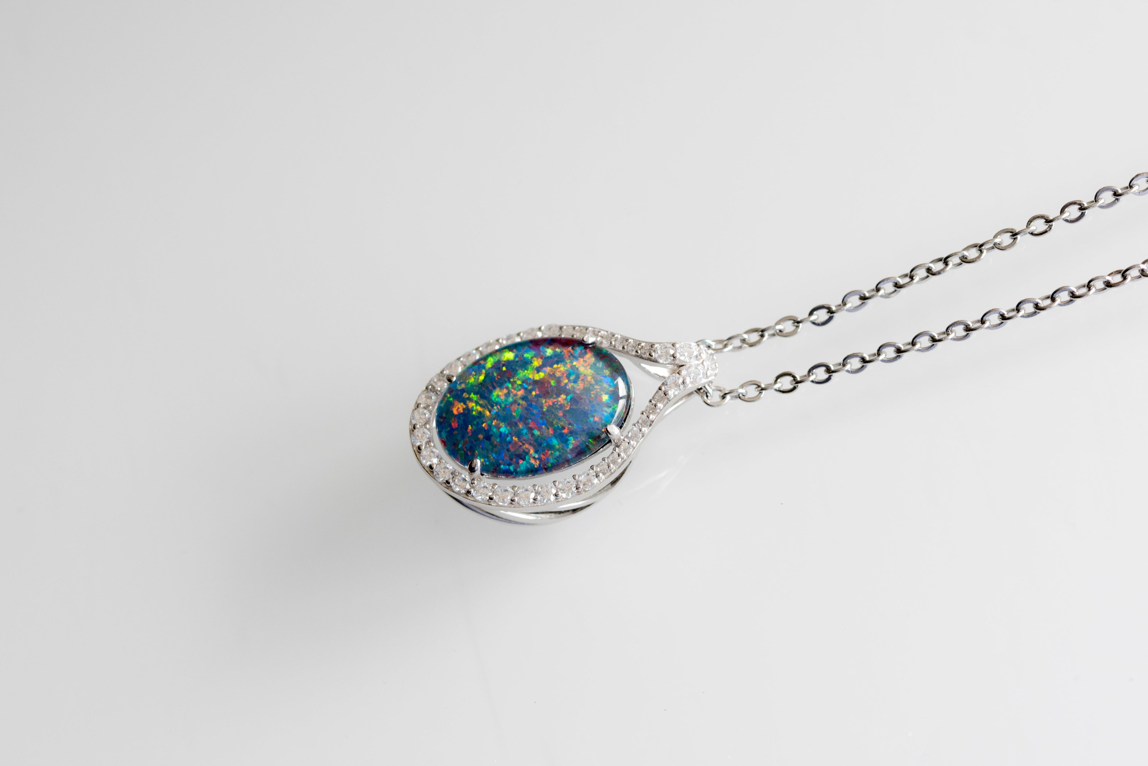 Large Australian Opal - Halo Cluster Green Blue Color Fire Opal Necklace - Opal Pendant in Sterling Silver White Gold Plating Finish