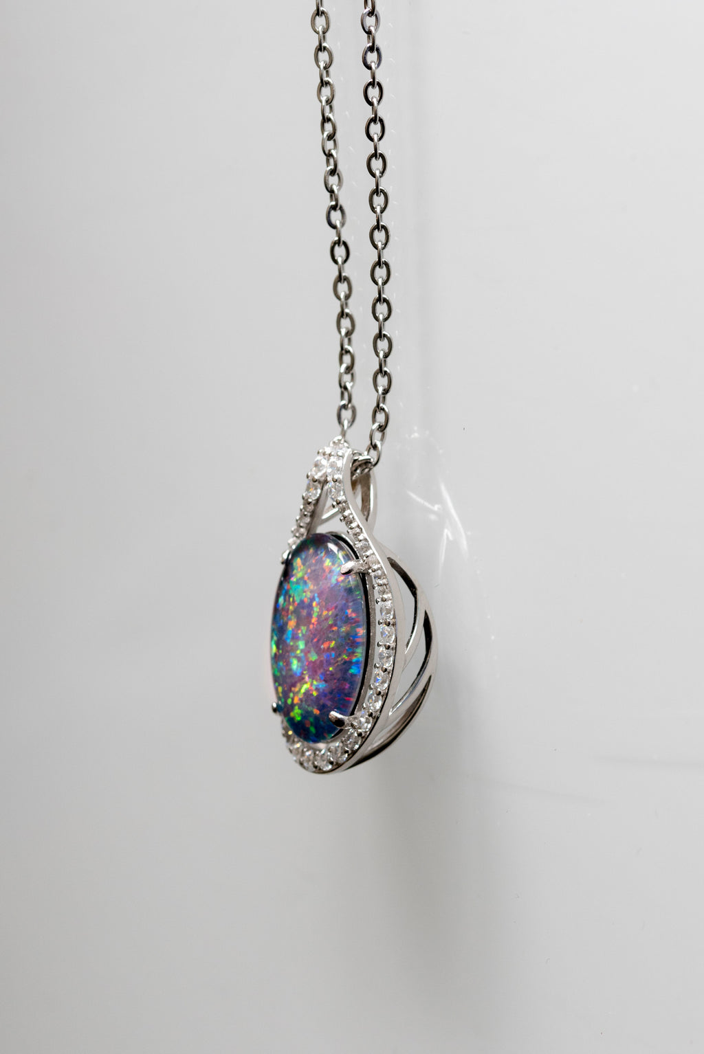 Large Australian Opal - Halo Cluster Multi Color Fire Opal Necklace - Luxury Australian Triplet Opal Pendant in Sterling Silver White Gold Plated