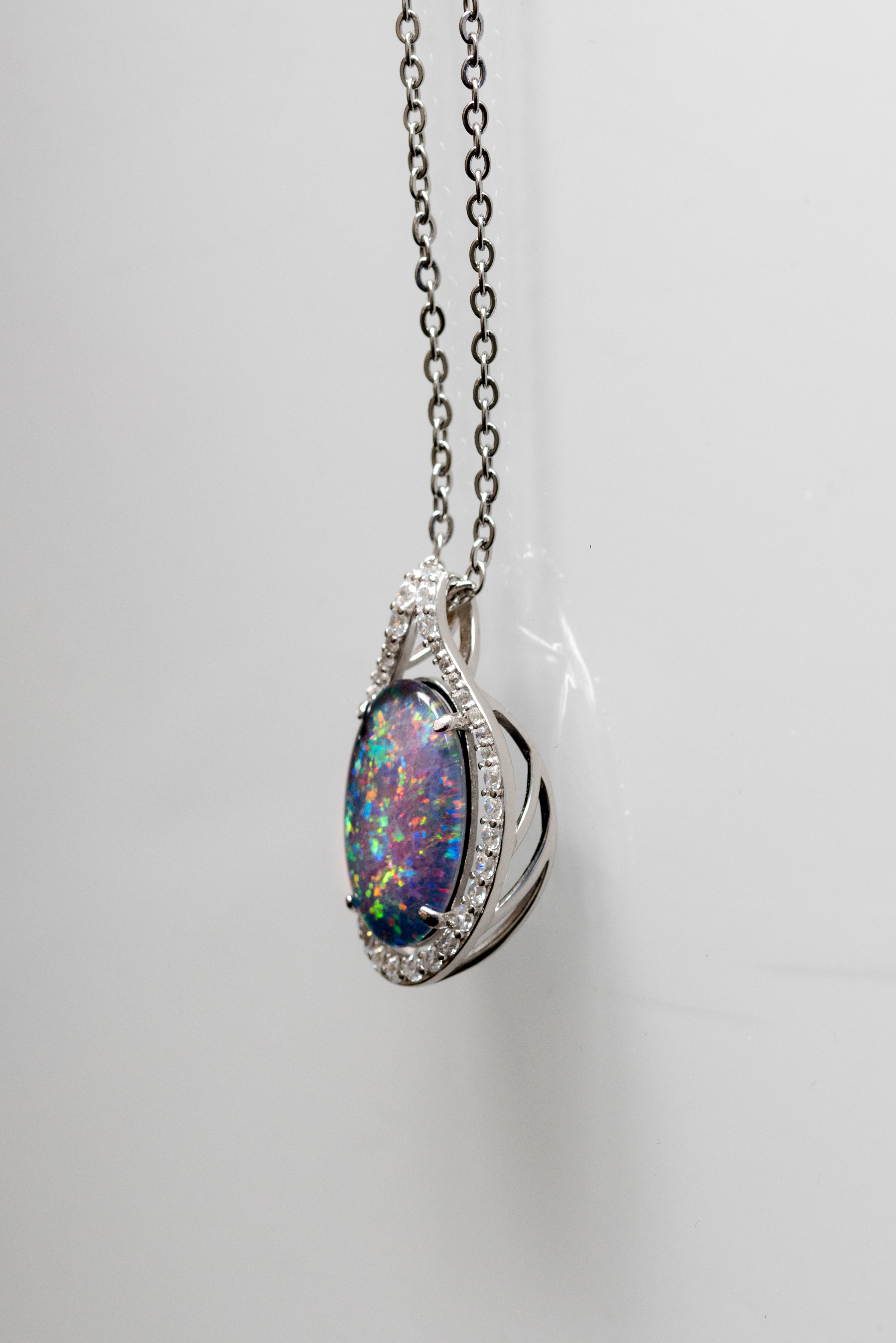 Large Australian Opal - Halo Cluster Multi Color Fire Opal Necklace - Luxury Australian Triplet Opal Pendant in Sterling Silver White Gold Plated