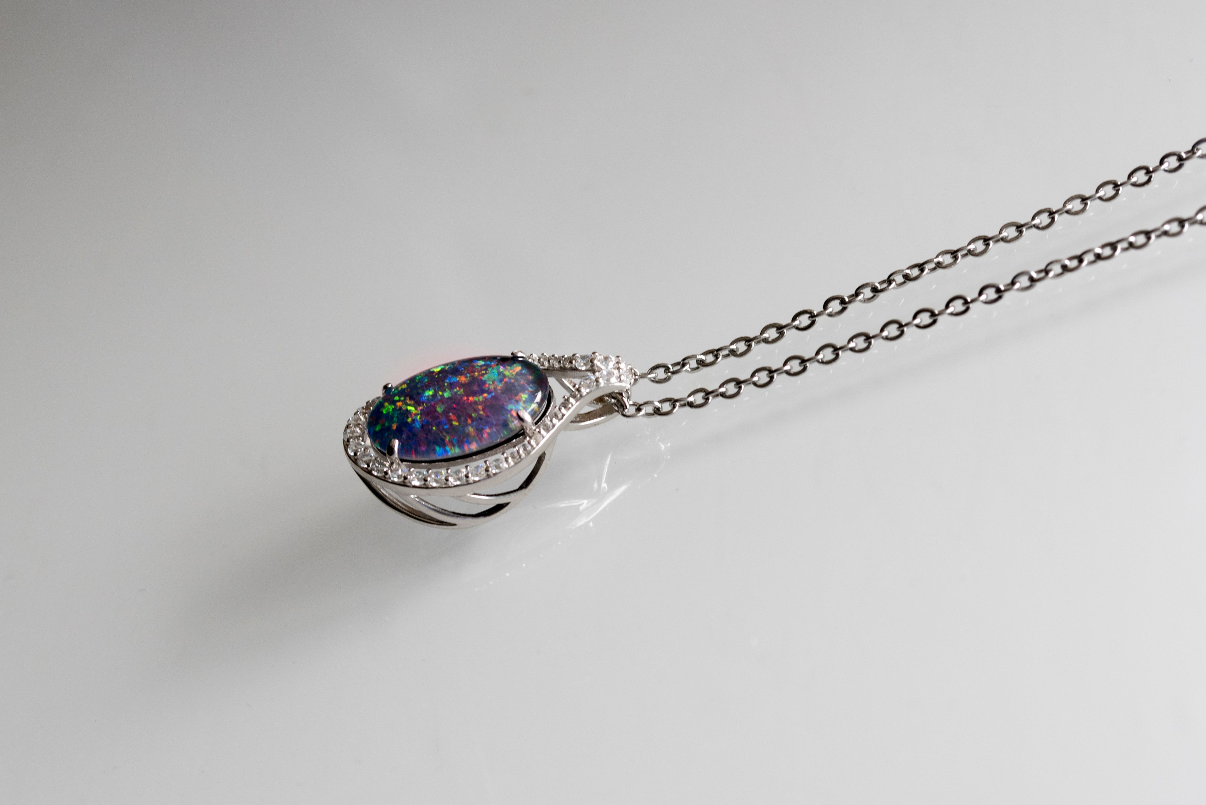 Large Australian Opal - Halo Cluster Multi Color Fire Opal Necklace - Luxury Australian Triplet Opal Pendant in Sterling Silver White Gold Plated